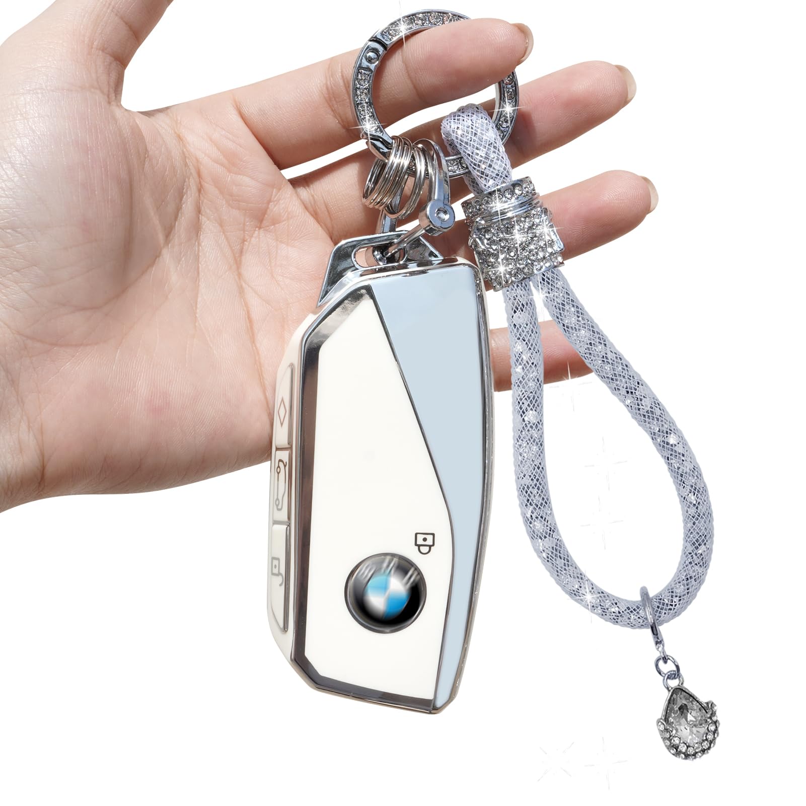 YumzecoCar Key Case Compatible with BMW with Bling Diamonds Keychain,4 Buttons Key Fob Case for 2 3 5 7 series X1 X4 X5 X6 X7 i4 i7 iX XM,TPU Silicone Cover BMW Keyless KeyProtector-White