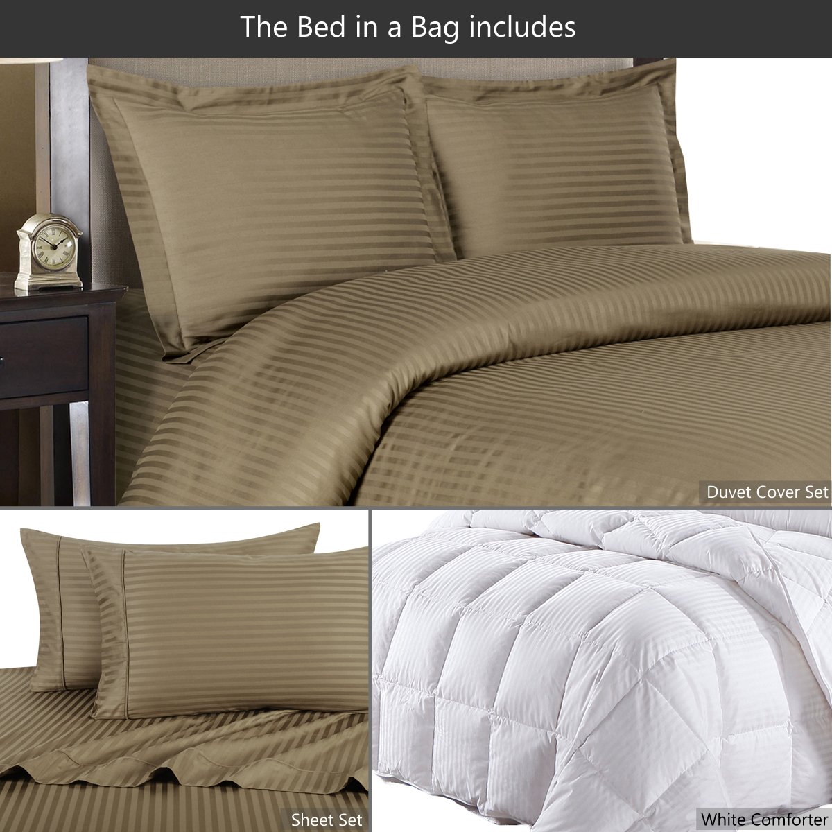 Parure De Lit 100% Coton égyptien - 1500 Fils - Taille Queen - Beige Rayé