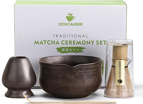 Juego de Matcha, Juego de Té Japonés Incluye Cuenco de Matcha con Pico, Soporte para Batidor de Matcha (chasen), Batidor de Bambú de Matcha y Dorado