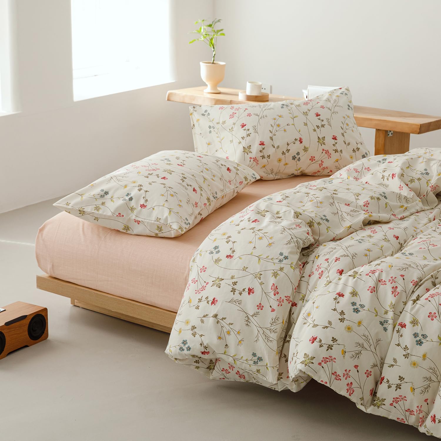 Luowei Mädchen Blumen Bettwäsche 135x200 cm Baumwolle Beige Weich Aesthetic Bettbezug Sommer Bunt Blumen Muster 100% Baumwolle Bettwäsche Sets mit Reißverschluss und 1 Kissenbezug 80x80cm