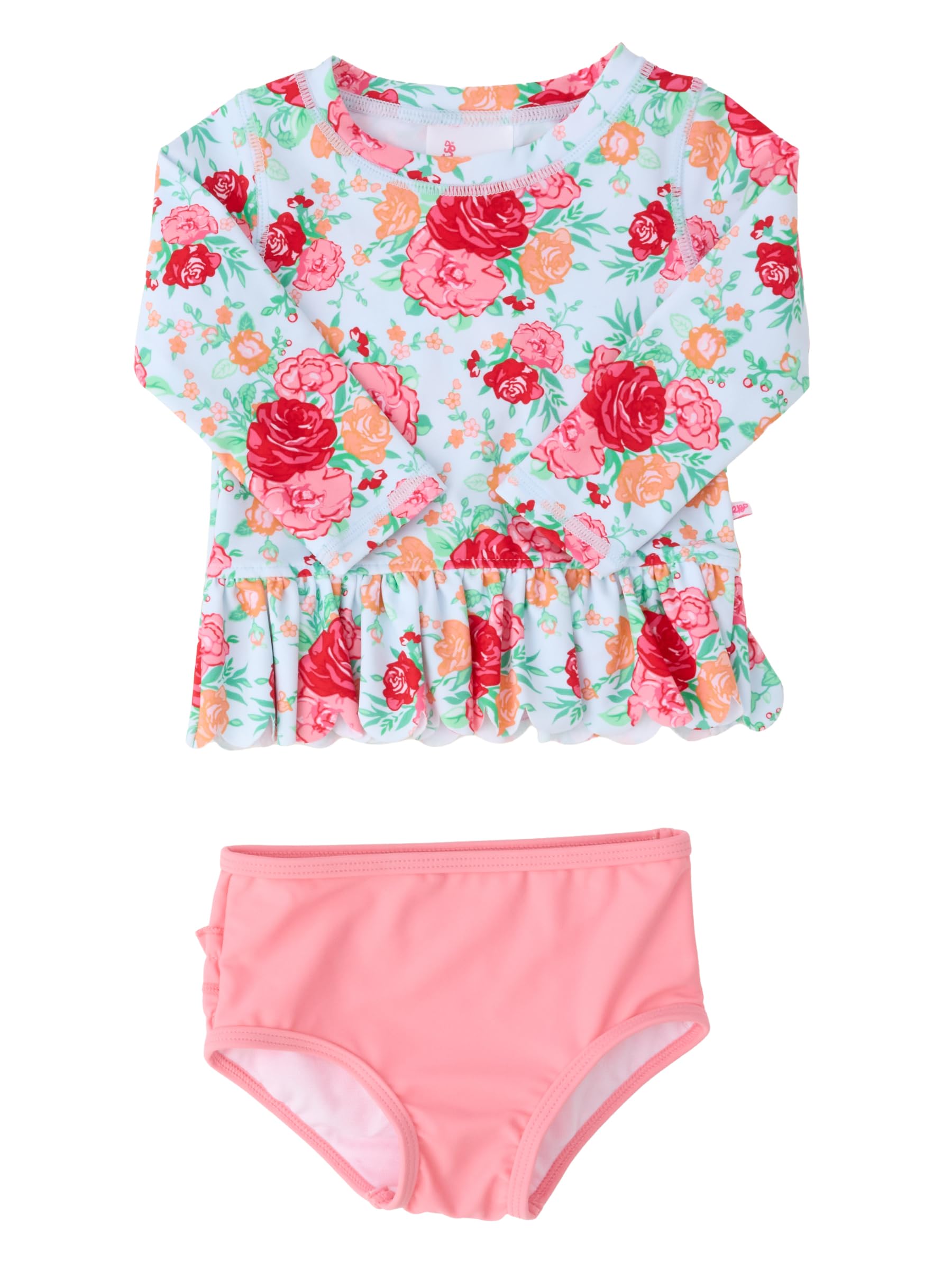 RuffleButts Girls Scalloped Long Sleeve - 2-Piece Rash Guard Swim UPF 50+