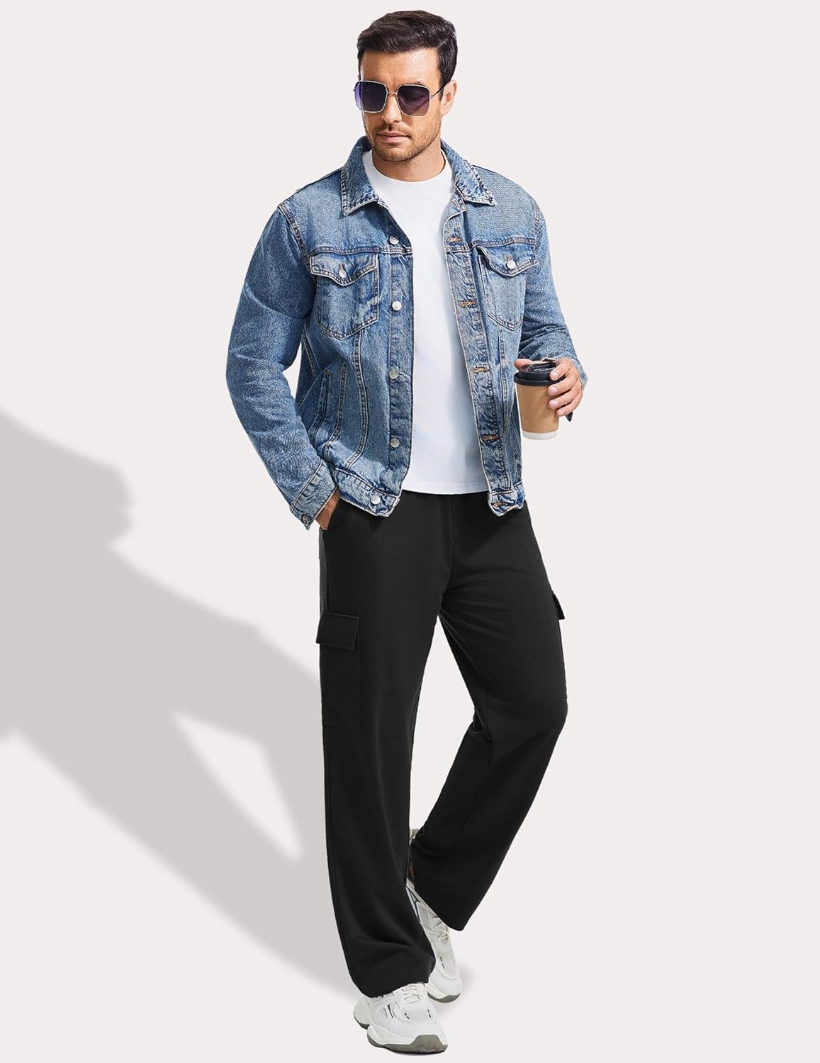 PINSPARK Men's Cargo Sweatpants with Pockets Open Bottom Baggy Cotton Jogger Sweatpants Uncuffed Lounge Pants Straight Leg - Image 3