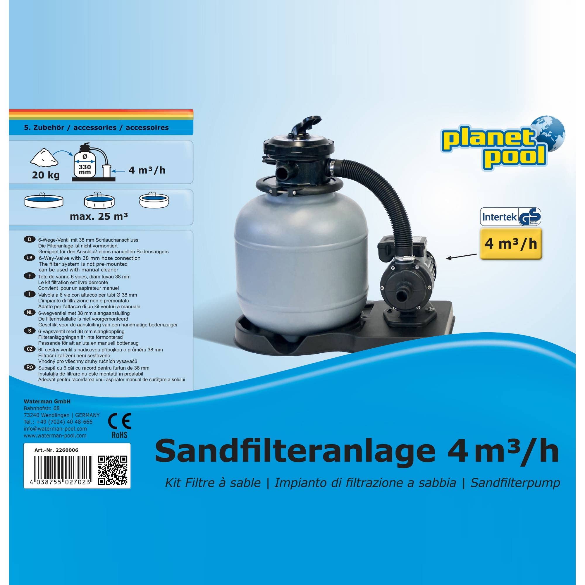 Planet Pool - Groupe de Filtration Piscine Hors Sol - Volume 10-20 m3 - Connexion 38 - Idéal Remplacement Epurateur Cartouche - Diamètre 330 - Débit 4 m3/h