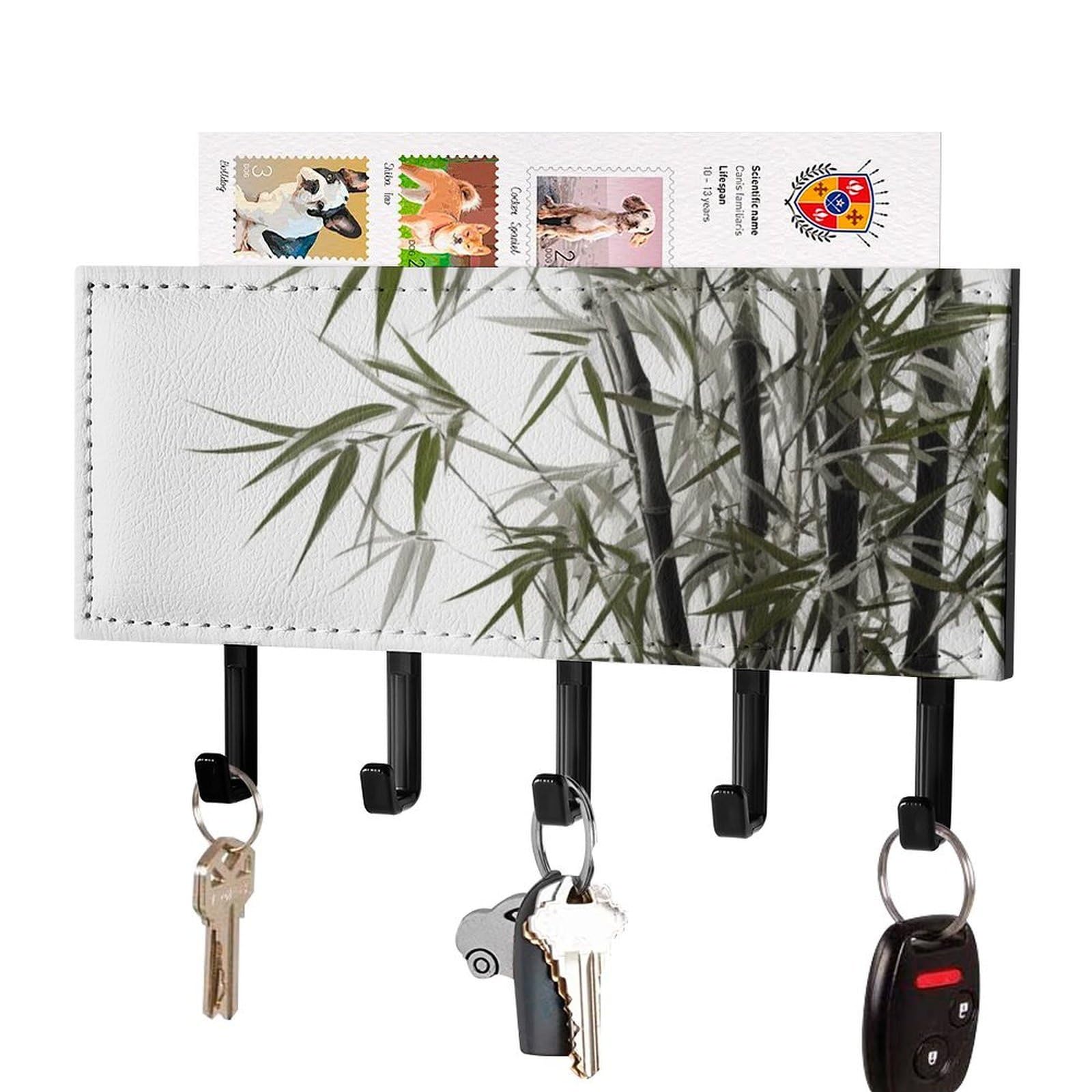 DWVTSLH Asian Key Holder for Wall, Decorative Key Hooks with Mail Organizer & 5 Hooks, Self Adhesive Leather Key Hanger for Entryway, Wall Mounted Key Rack (7.1” X 4.3” X 0.9”)