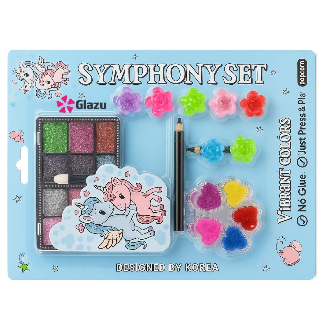 GLAZU Kids Makeup Set | Complete Beauty Kit with Eyeshadow, Hair Clips, Eyebrow Pencil & Glitters | Fun Pretend Cosmetic Playset for Girls for Birthdays and Parties