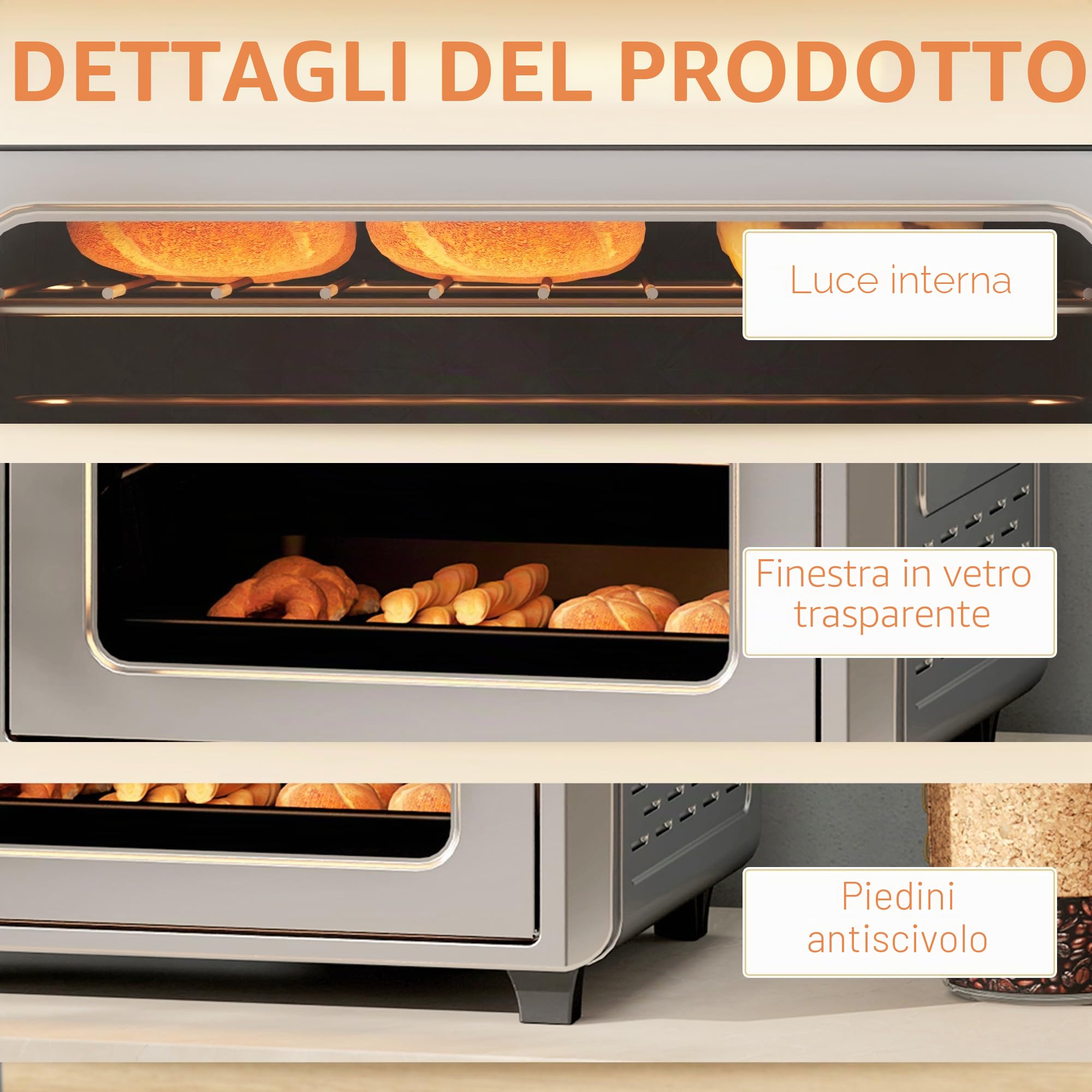 HOMCOM Mini forno a convezione 24 L 1600W 90-230℃ Forno ad aria calda con timer da 60 minuti, friggitrice ad aria calda con teglia e griglia, mini forno con illuminazione interna, argento