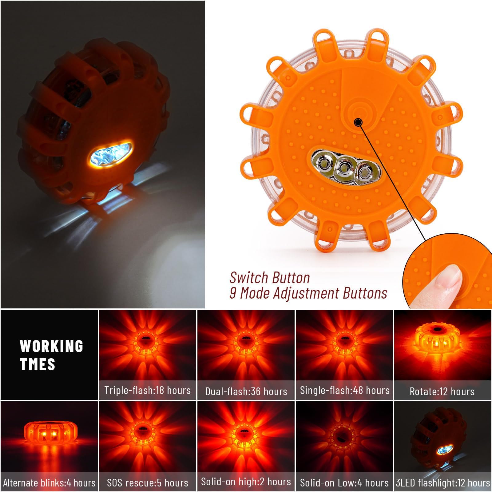 GP9X4B - Luz LED de emergencia recargable 3 en 1, cable magnético con ganchos de base magnética, bolsa de transporte, 9 modos para rescate de construcción de automóviles (paquete de 4)