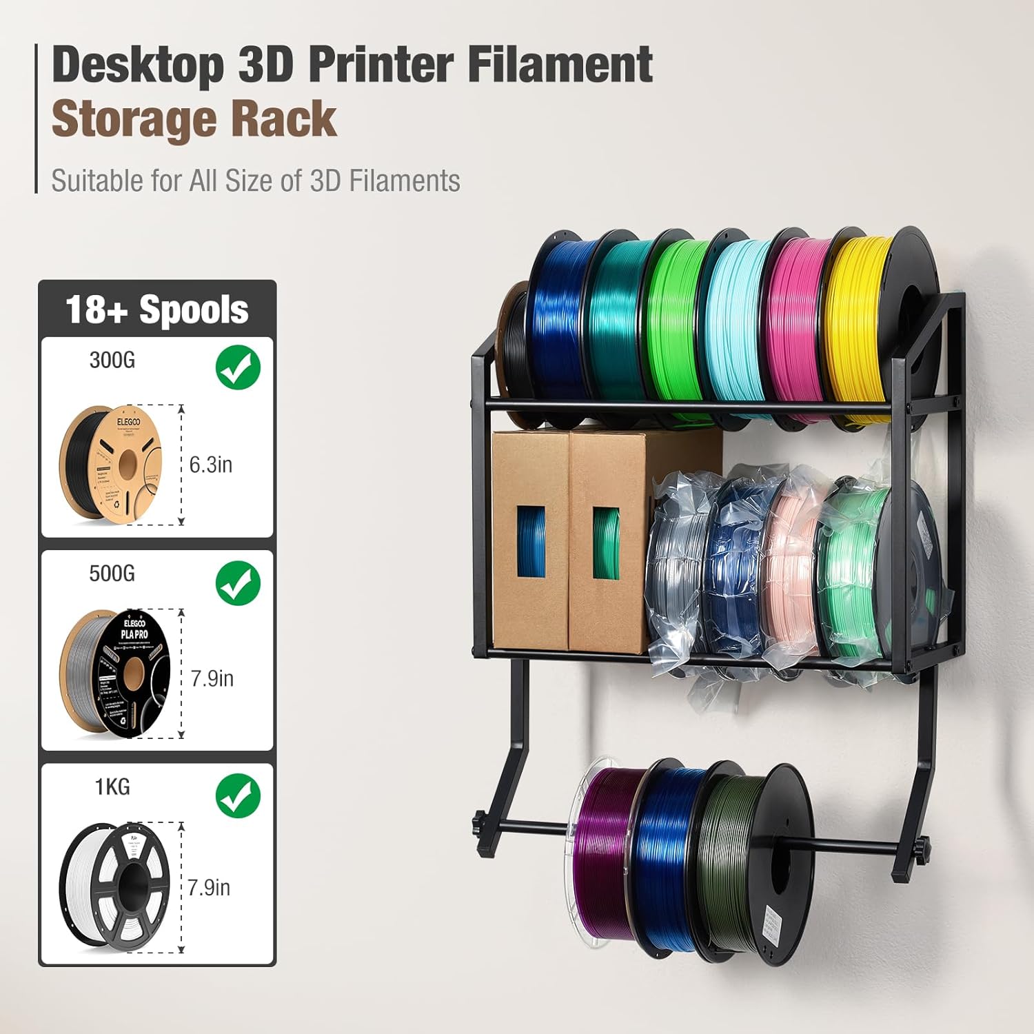 Filament Storage Rack Wall Mount, Rolling 3D Printer Spool Holder Bracket, 3-Tier Heavy-Duty Metal Shelf for TPU/PLA/ABS Filaments, Ideal for 3D Printing Business, Studio, Office, Workshop