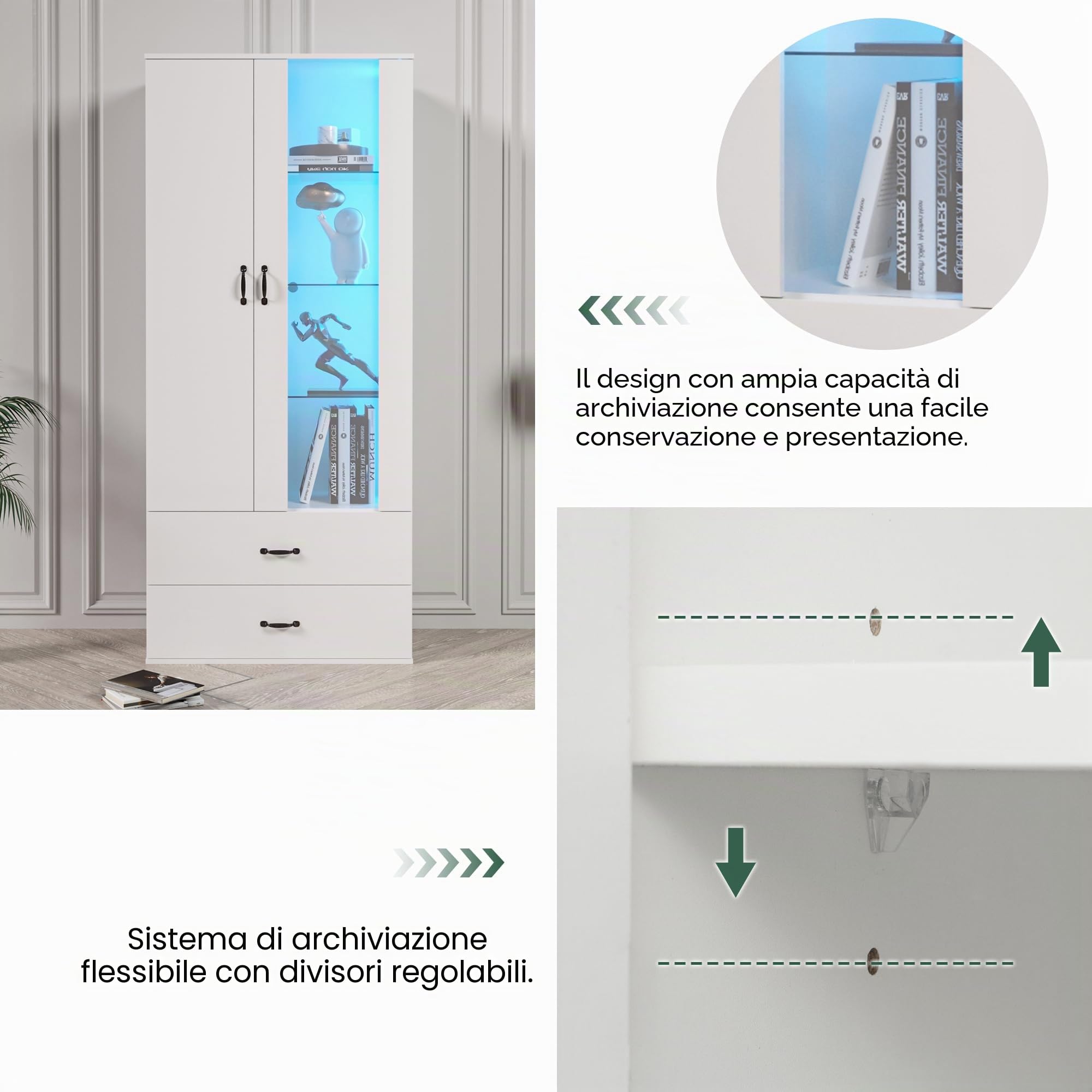 KAZZIO Vetrina illuminata a LED, 16 colori, 2 ante, 2 cassetti con ante in vetro, vetrina bianca a LED, soggiorno, parete del soggiorno, vetrina a LED, armadio a buffet, scaffale alto
