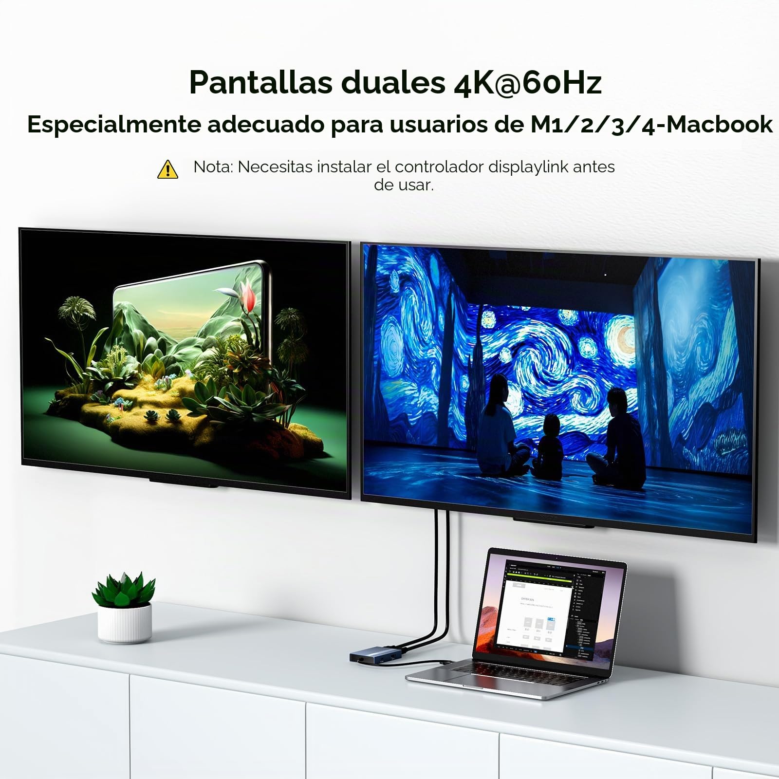 Adaptador USB C a Doble HDMI DisplayLink, 4K a 60 Hz, 2 HDMI, PD 100 W, estación de Acoplamiento USB C DisplayLink para Mac M1/M2/M3/Windows, Adaptador USB A/C a Doble Monitor (Grigio Fantasma)
