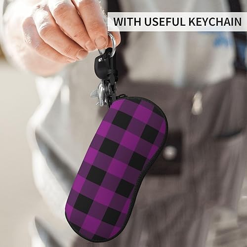 Vista 4 de Sun Glasses Case Soft - Purple black plaid Print 1 Travel Slim Eyeglass Case with Clip, Neoprene Glasses Pouch Sunglass Organizer for Women Men with