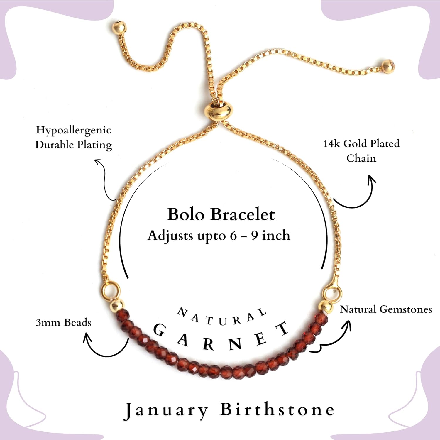 Gempires Bolo Birthstone Bracelets for Women, 14K Gold Plated Bolo Bracelet, Adjustable, Dainty & Hypoallergenic with Genuine Gemstone Beads, gift for her - Image 4