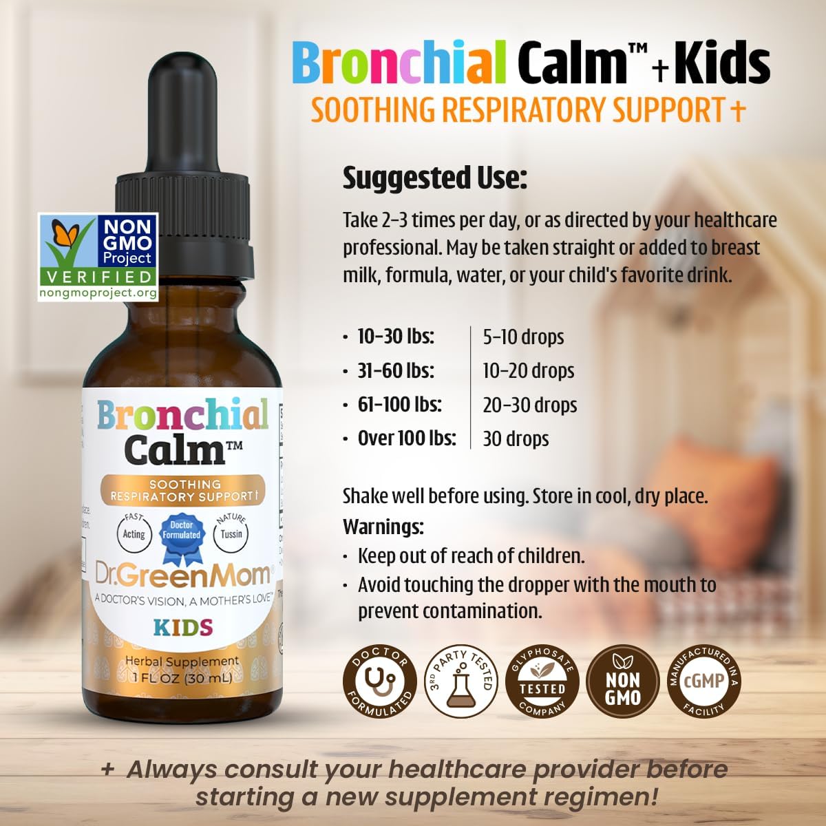 Dr. Green Mom Bronchial Calm Kids - Natural Cough Liquid Drops for Babies, Toddlers & Children - Herbal Kids Cold & Flu Support - Natural, Sugar-Free, Non-GMO, Dye-Free
