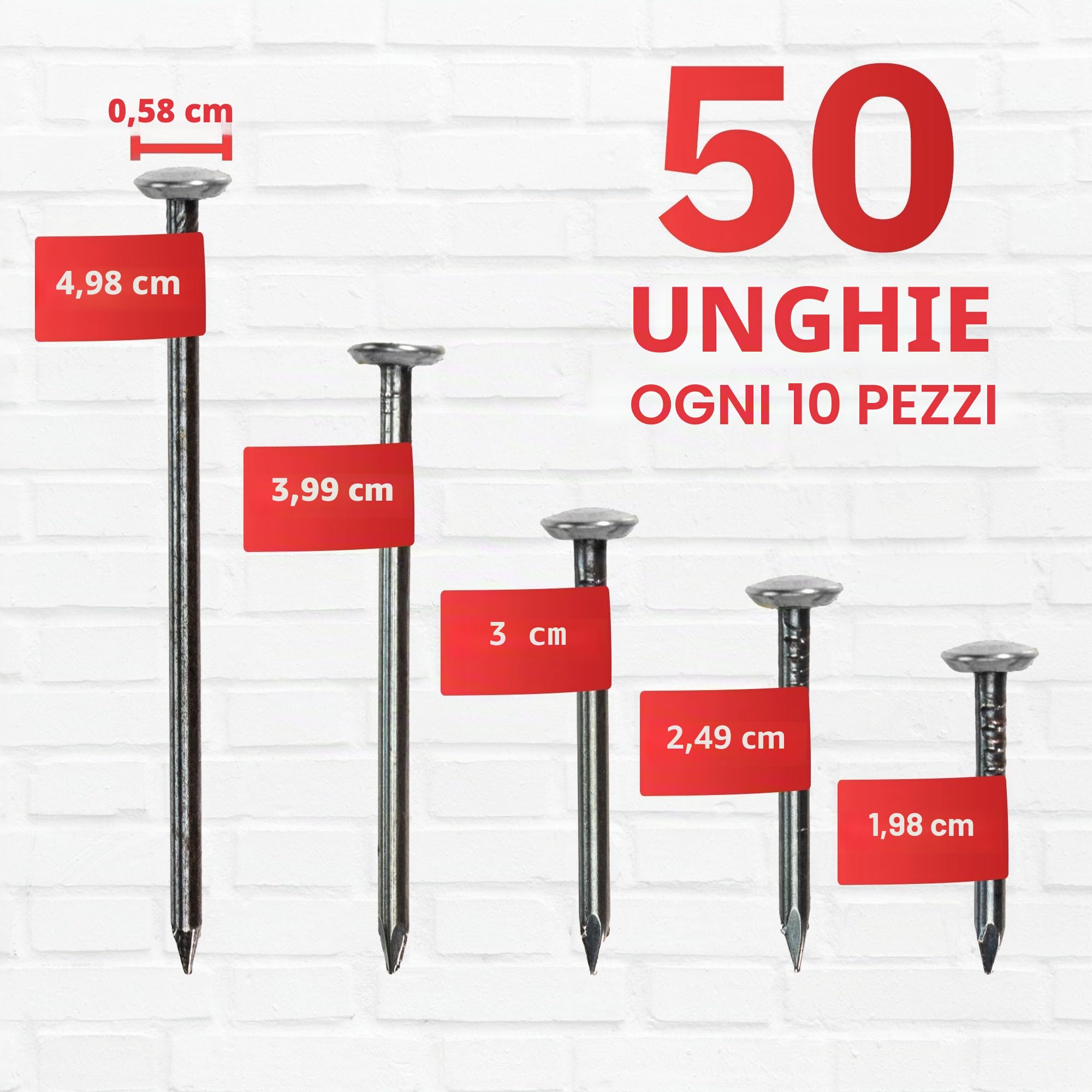 RIKAMA® – 50 chiodi per quadri in mix di 10 x 20 mm, 25 mm, 30 mm, 40 mm, 50 mm – chiodi in acciaio per l'uso su calcestruzzo, mattoni, intonaco e legno – Made in Europe (testa argentata)