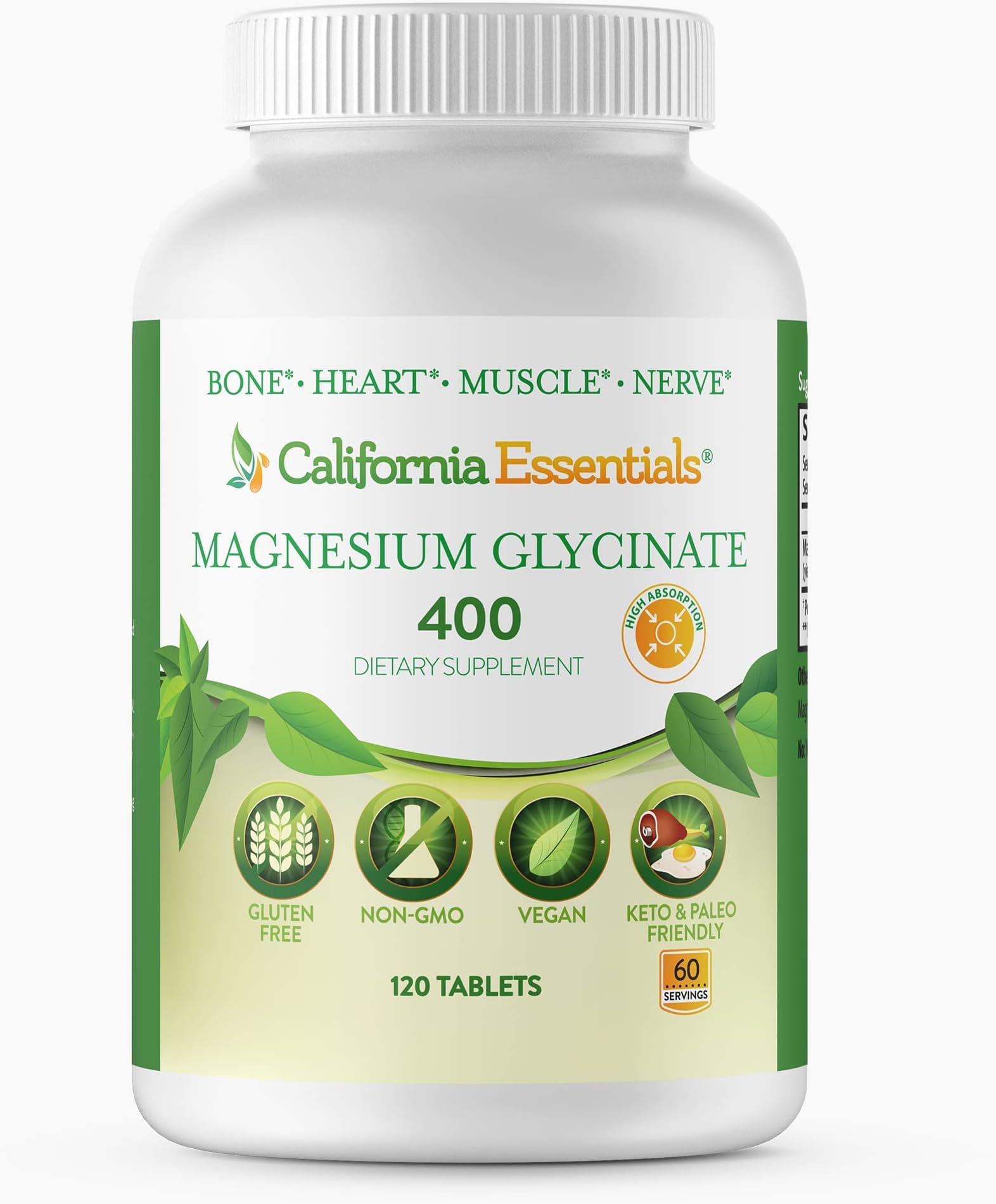 Magnesium Glycinate 400 - Chelated, High Absorption Magnesium for - Vegan, Non-GMO, Gluten-Free 120 Tablets (Servings 60, Serving Size (2) 200mg Tablets)