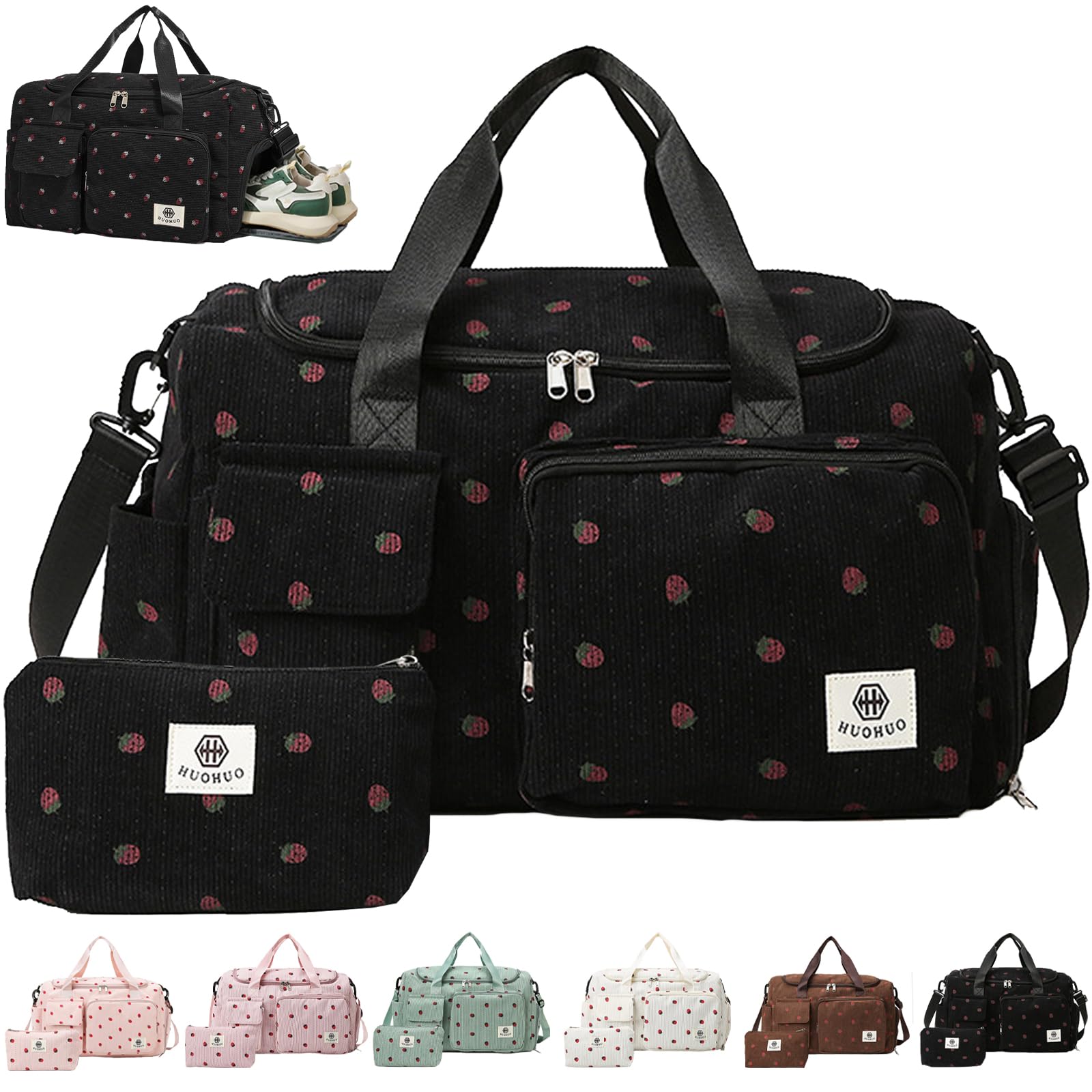 AUNGKWANG Corduroy Strawberry Travel Duffel Bag Set, Dance Bags for Girls with Little Strawberry Wallet, Sports Bags Women Foldable Gym Sports Bag