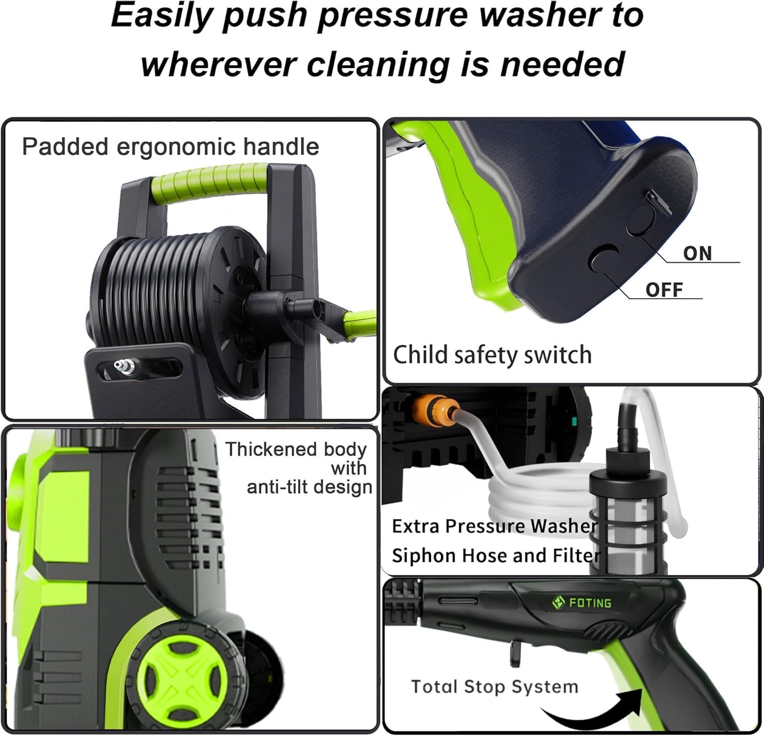 Close-up of pressure washer features including child safety switch