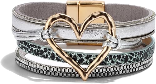 Long tiantian Pulseras de cuero multicapa para mujer, pulseras apilables de corazón para mujer, pulseras bohemias de cuero con cierre, regalos de
