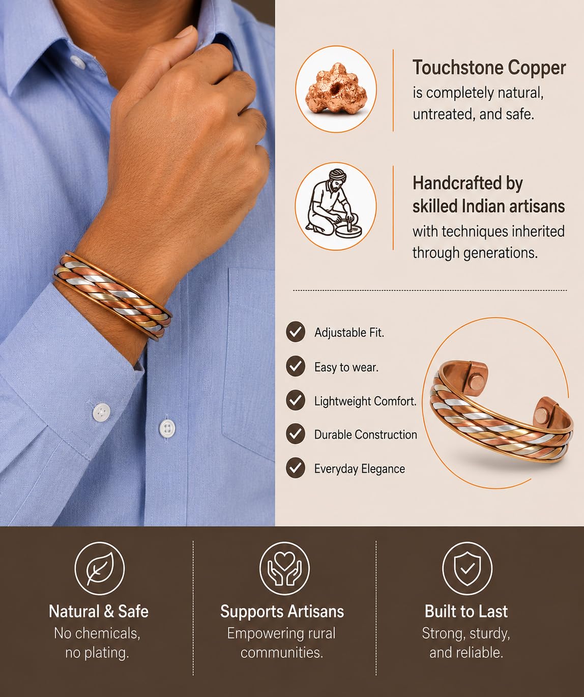 Touchstone Copper magnetic healing bracelet Tibetan style. Hand forged with solid and high gauge pure copper. Set of 4 different designs in 3 metals