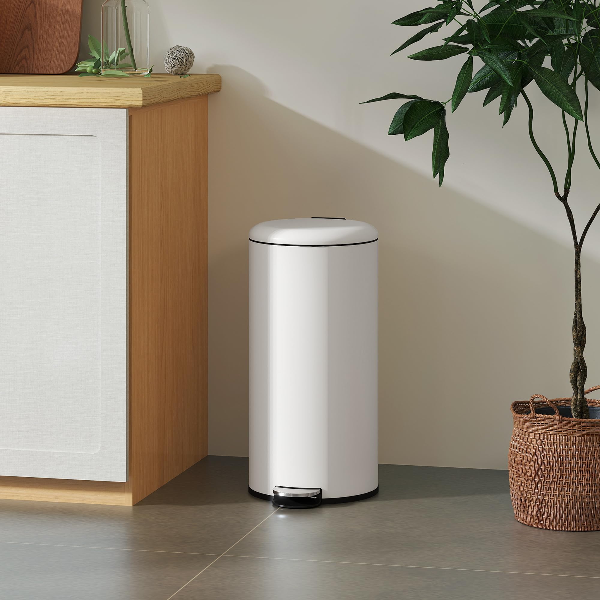 HOMCOM Cubo de Basura para Cocina 30L Papelera de Cocina con Pedal Tapa de Cierre Suave y Cubo Extraíble para Dormitorio Oficina Estudio Salón Crema