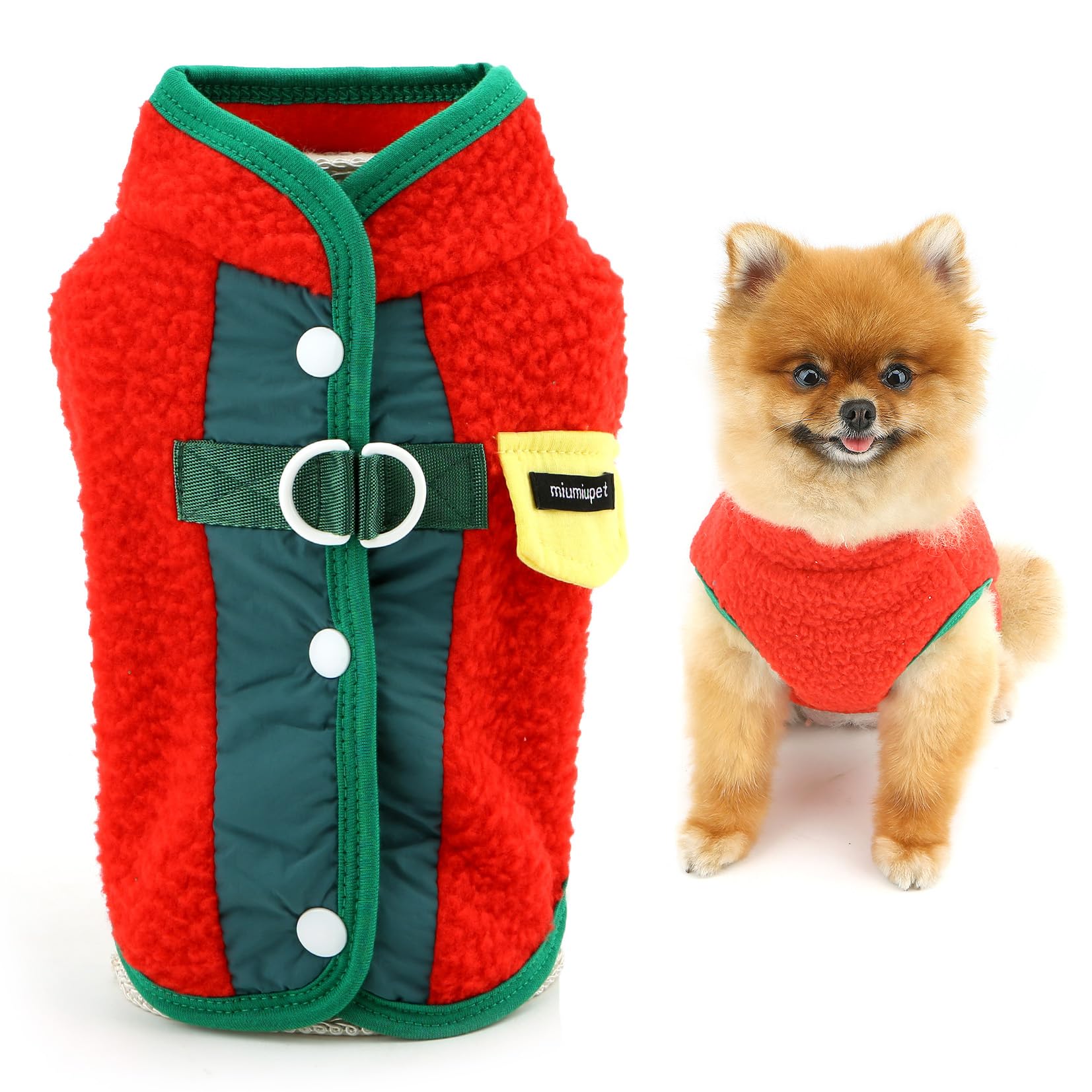 SMALLLEE_LUCKY_STORE Fuzzy Fleece Dog Jumper for Extra Small Dogs Patchwork Warm Sweater Puppy Vest Coat with Double D-Ring Turtleneck Winter Autumn Clothes for Chihuahua Yorkshire Red S