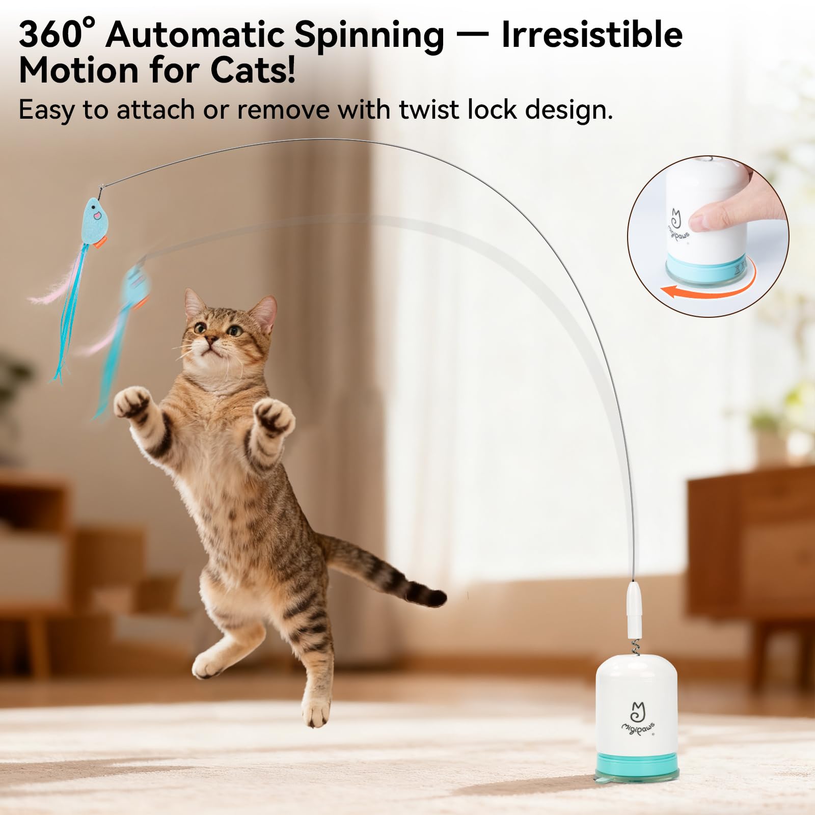 Migipaws Juguete Interactivo para Gatos Potente Ventosa, Cable Flexible de 70 cm y diseño Flexible DIY, Recargable