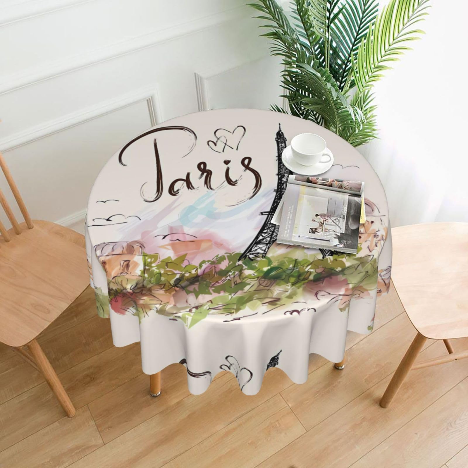 WHJSHOP Eiffel Tower Prints Round Decorative Tablecloth 60in – High-Grade Polyester Throw Cover for Dining Table Protection & Elegant Home Decor