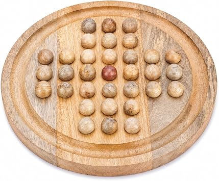 Ajuny Wooden Solitaire Board Game 10.8 Inch Handmade Peg Solitaire Strategy Puzzle, Classic Single Player Marble Chess Brain Teaser Mind Game for Kids & Adults, Decorative Tabletop Games