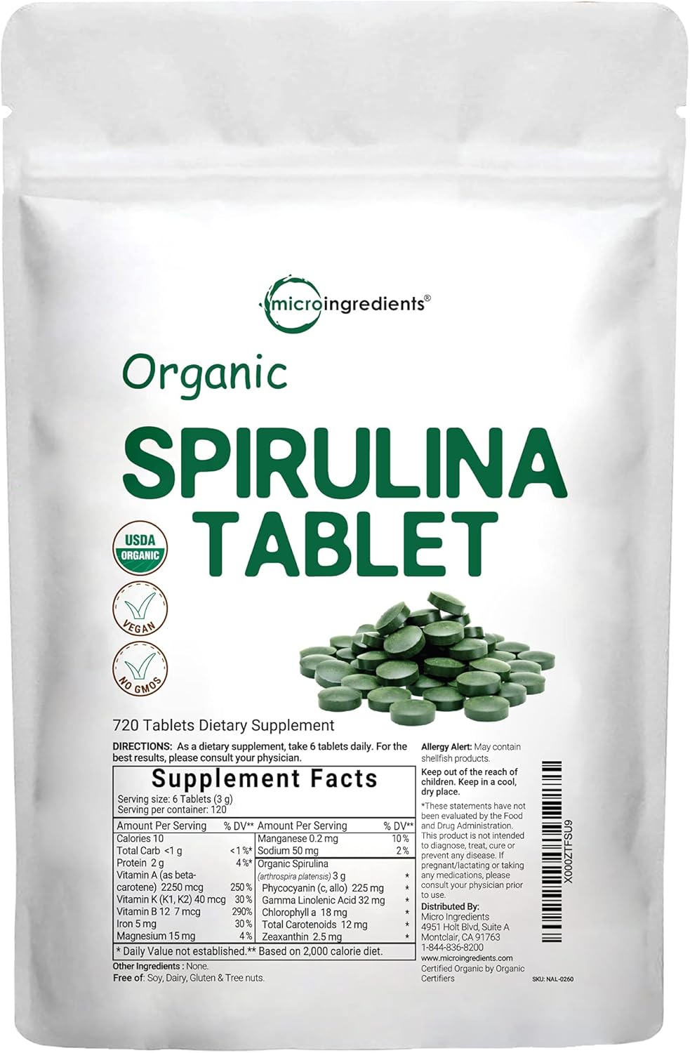 Organic Spirulina Supplement (Spirulina Organic), 3000MG Per Serving, 720 Tablets (4 Month Supply), Rich in Chlorophyll, Immune Vitamins, Prebiotics, Fiber, Proteins, Premium Spirulina Pills Organic : Health & Household