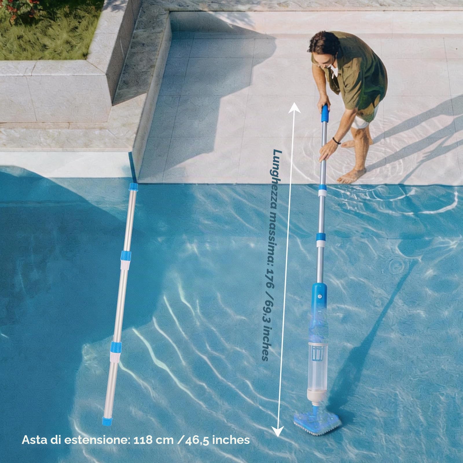 Aspirapolvere per piscina senza fili, pulitore manuale per piscina con autonomia di 70 minuti, ricarica rapida in 1 ora, impermeabile IPX8, ideale per spa, vasche idromassaggio, piscine fuori terra
