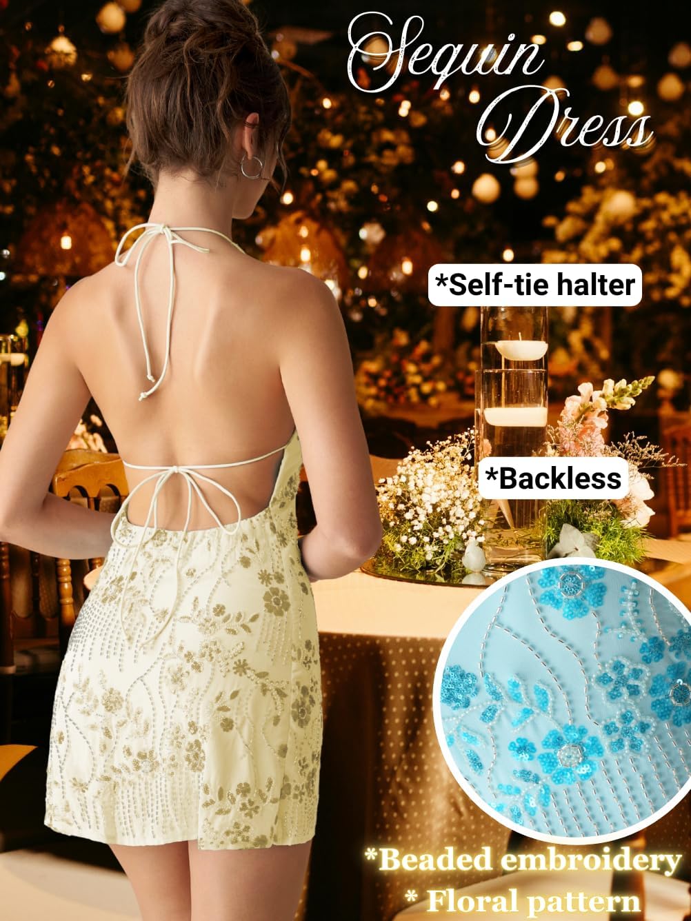 Women 2000S Beaded Mini Dress Backless,Sparkly Sequin Rhinestone Floral Embellished Dresses,Homecoming Cocktail Party - Image 4