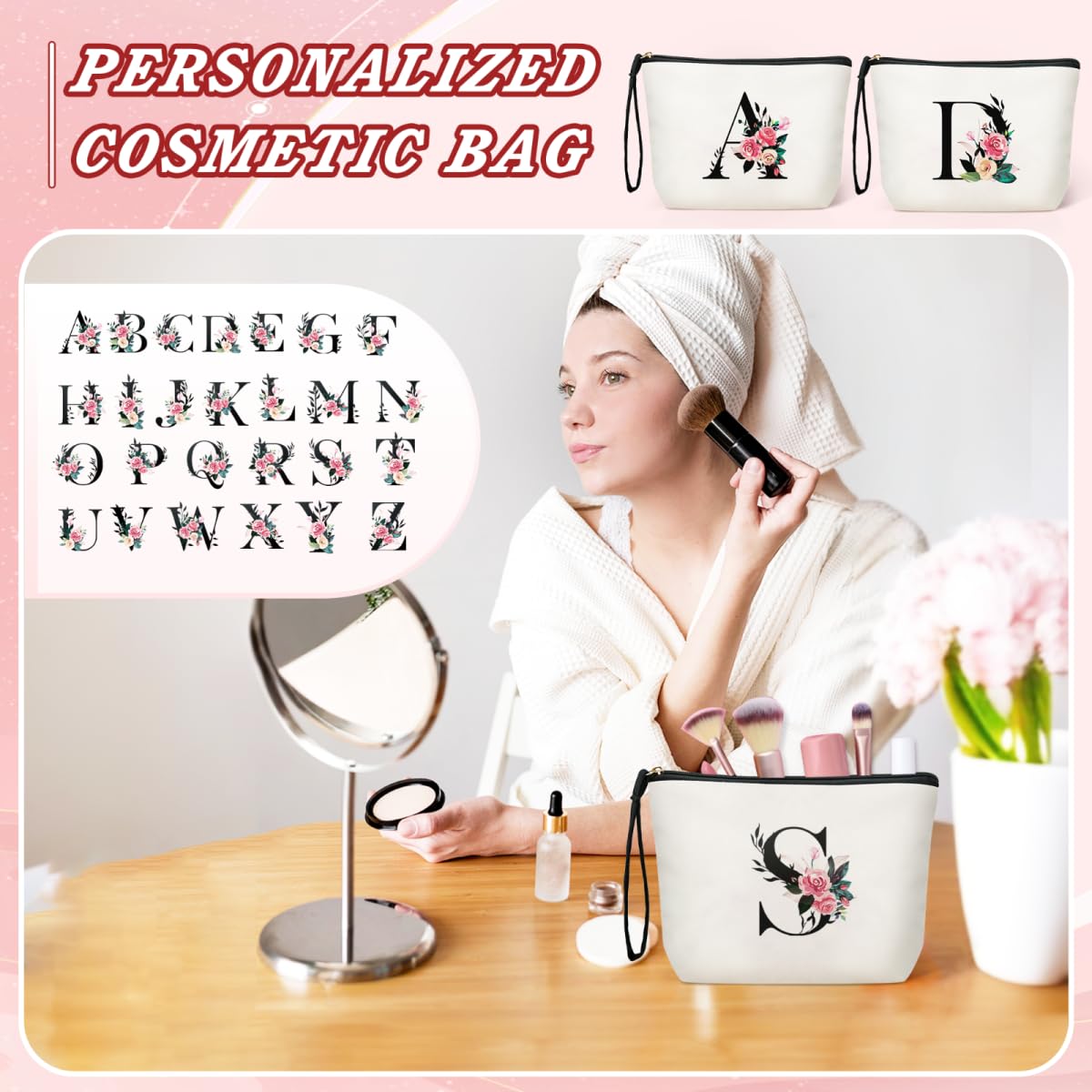 TOPEAST Make Up Bags for Women - Personalized Cute Makeup Bag Cosmetic Travel Makeup Bags Toiletry Pouch Gift for Women Birthday Friend Female Friendship Sister Mom (Letter M)