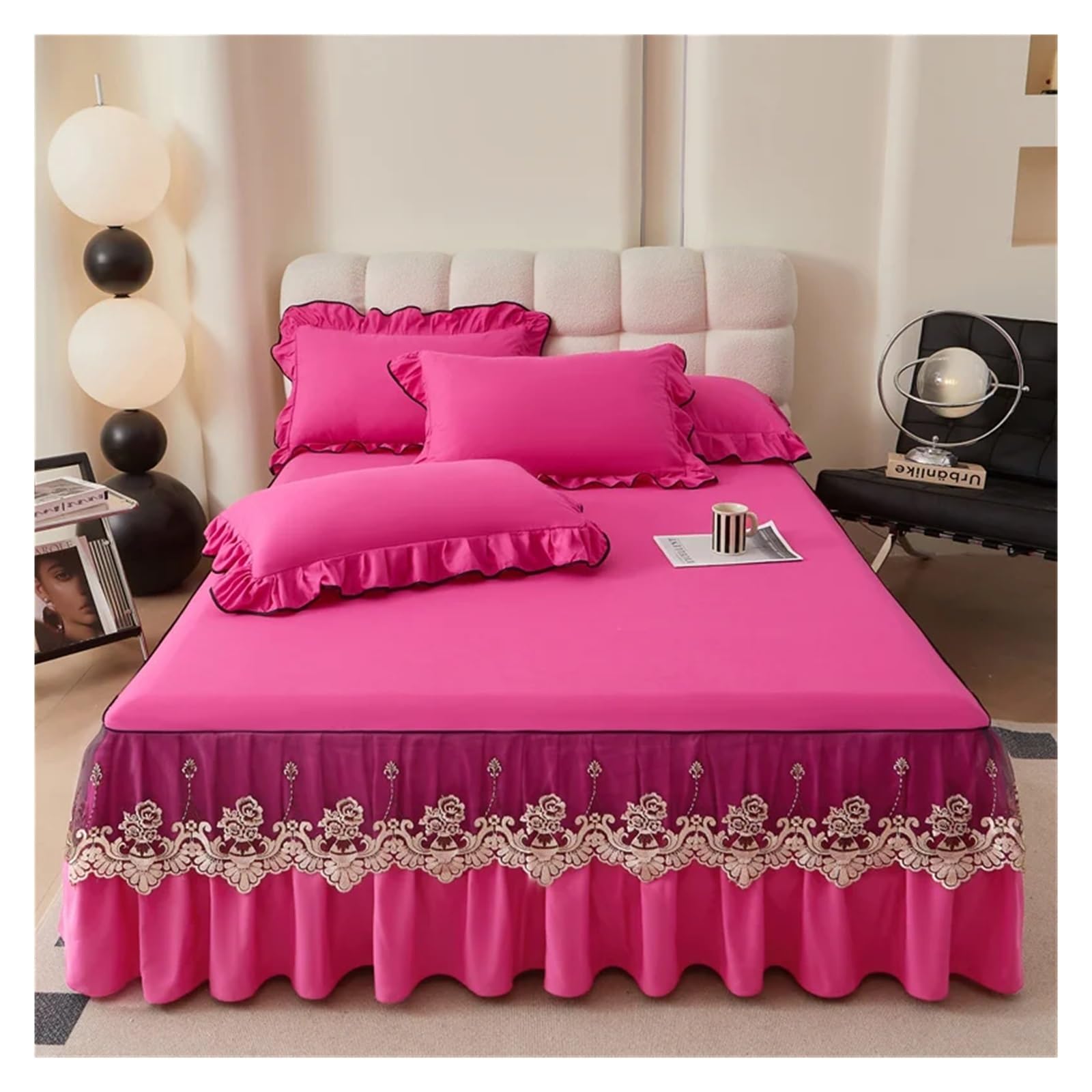 Falda de cama de encaje ropa de cama tamaño queen colcha cepillada meihongse set