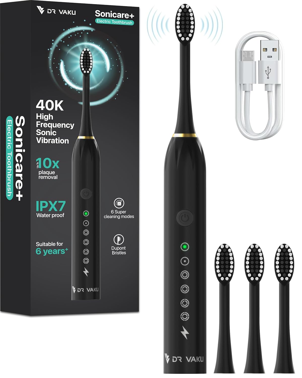 DR VAKU® Sonicare+ Electric Toothbrush for Men Woman Adults sonic with 6 Modes, 4 Brush Heads, 60-Day Battery Backup, Rechargeable & IPX7 Waterproof Automatic Power Best Electrical Tooth Brush- Black