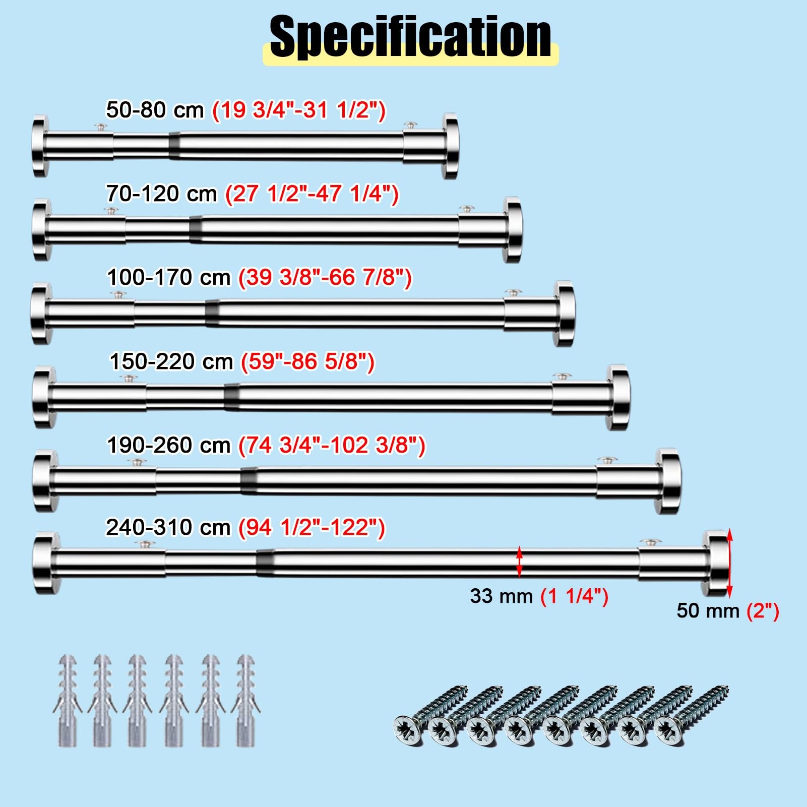 inless - Asta per armadio in acciaio, 50-310 cm / 19.7-122 in, per doccia e stendibiancheria multiuso, colore: argento, 190-260 cm / 74.8-102.4 in