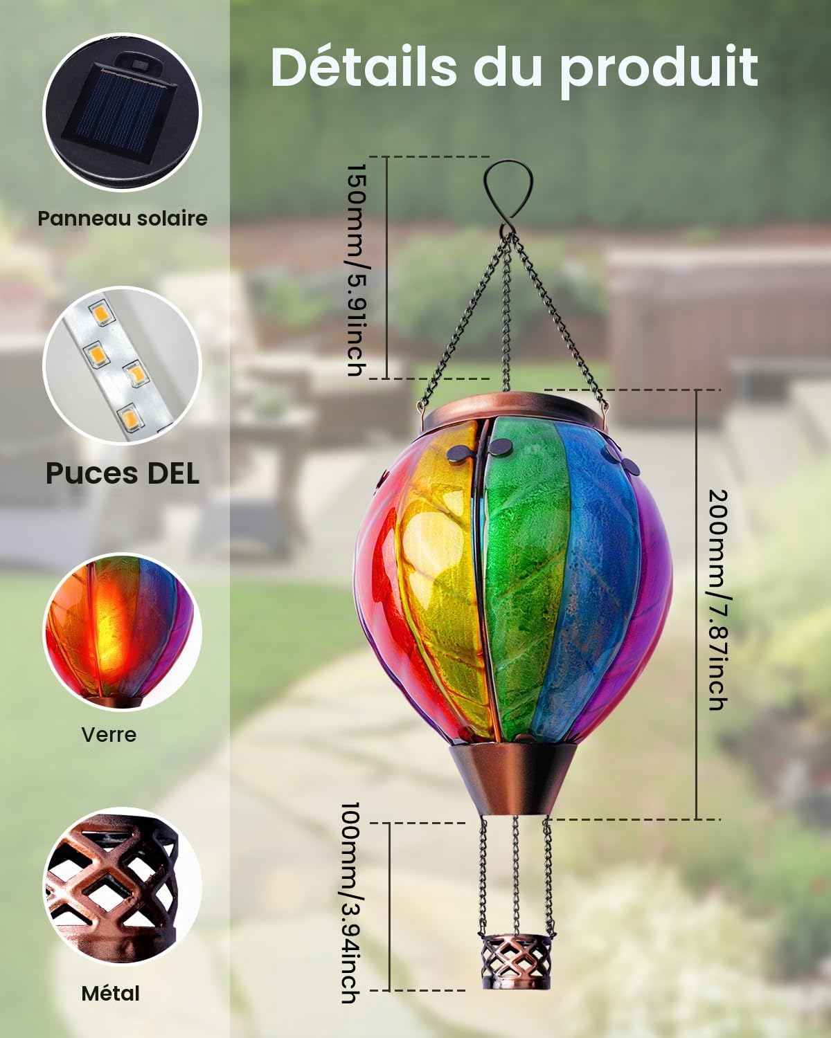 Klarlight Ballon à Air Chaud Lanterne Solaire, Arc-en-Ciel Verre Tache LED Lumières, Imperméable Suspendue Lanterne Solaire avec Lampe de Flamme Clignotant pour Arbre de Cour, en Métal et en Verre
