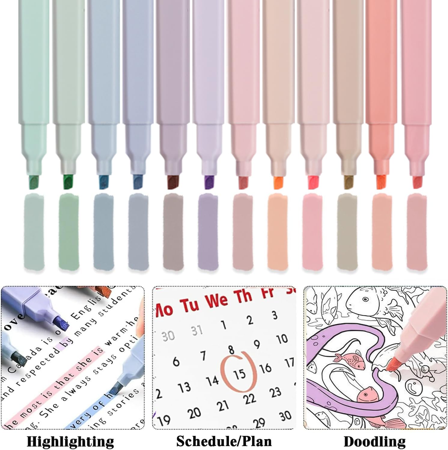 Ästhetisches Schulzubehör mit großem Federmäppchen, 5 inspirierende Kugelschreiber, 12 Pastell-Textmarker, 5 schwarze Gelstifte, 6 Druckbleistifte 0,5–0,7 mm, für Schüler (Beige)