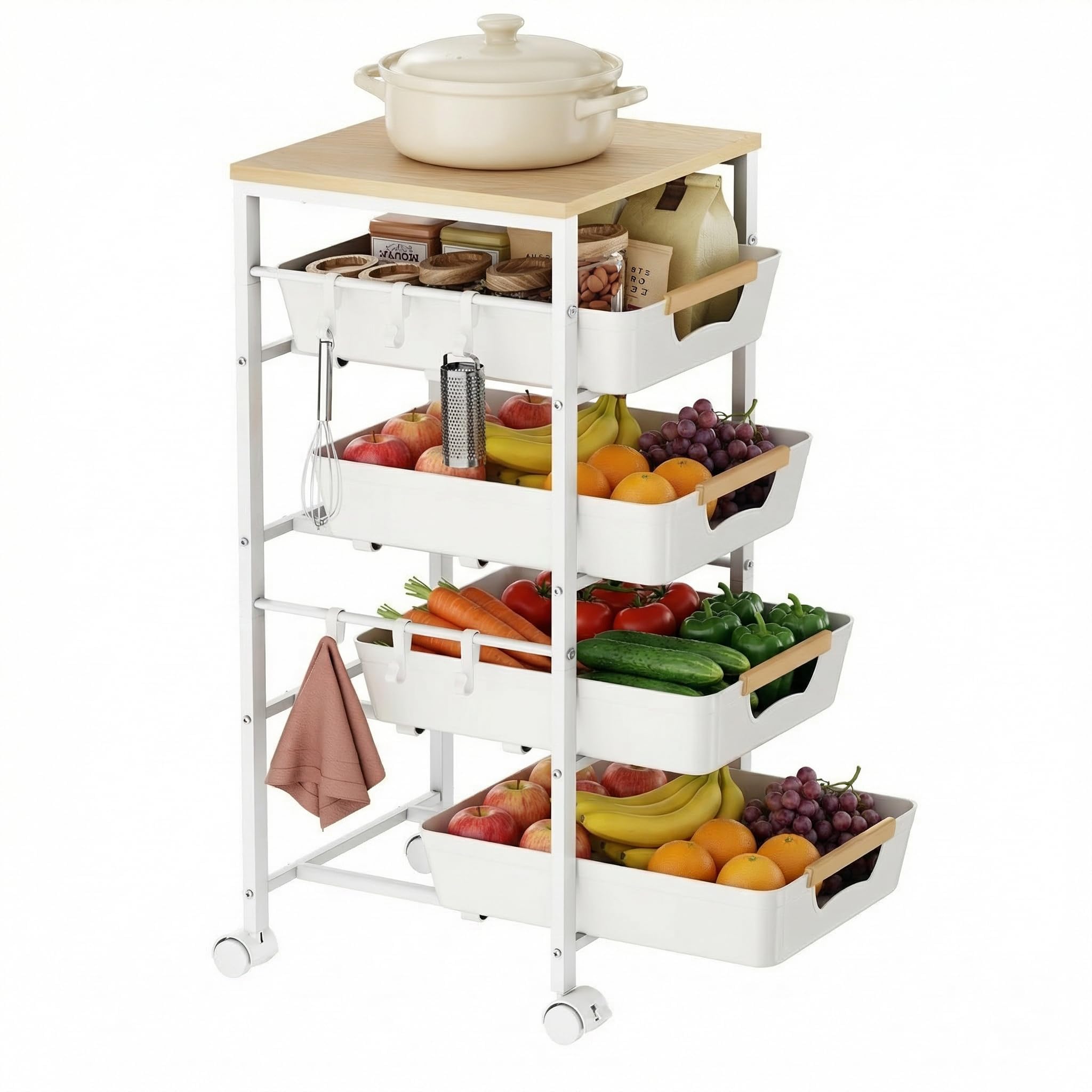 Uwoodia 5-Tier Slim Storage Trolley on Wheels, Metal Kitchen Rolling Cart with Pull-Out Baskets, Wooden Top Narrow Space Utility Cart Slide Out Organizer for Kitchen, Bathroom, Laundry Room, White
