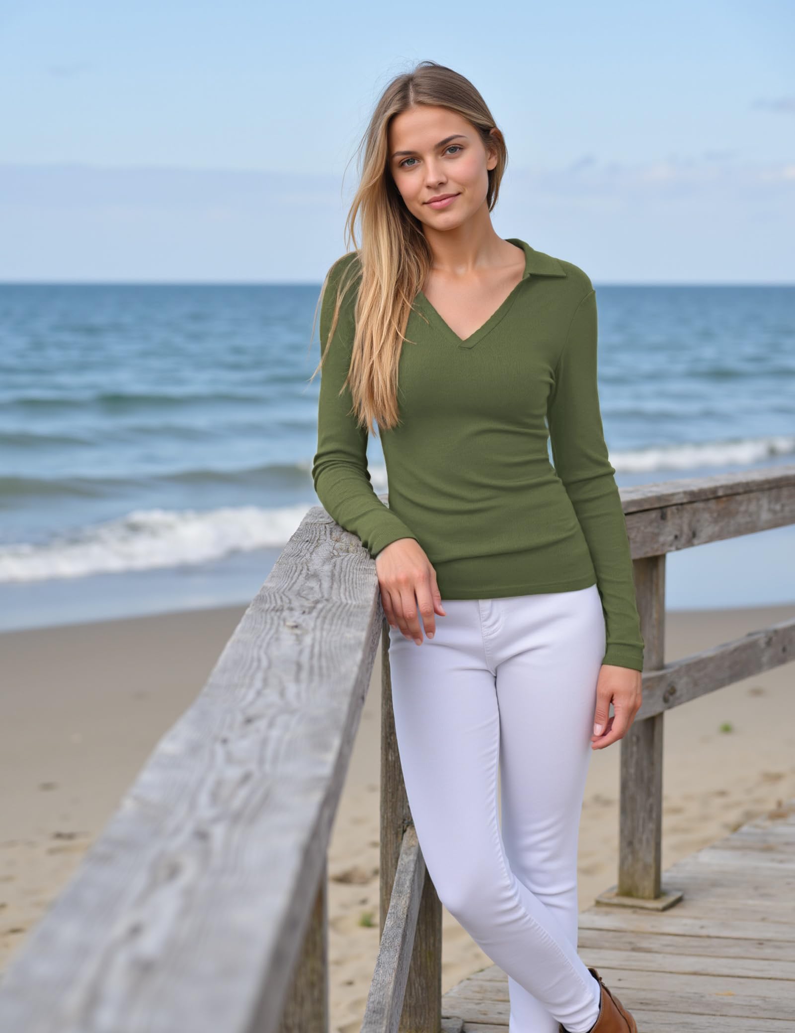 Aottori Polo Femme Manches Longues Col en V T-Shirt Élégant Côtelé Extensible Haut Slim Fit Sexy Pull Basic Décontracté Top