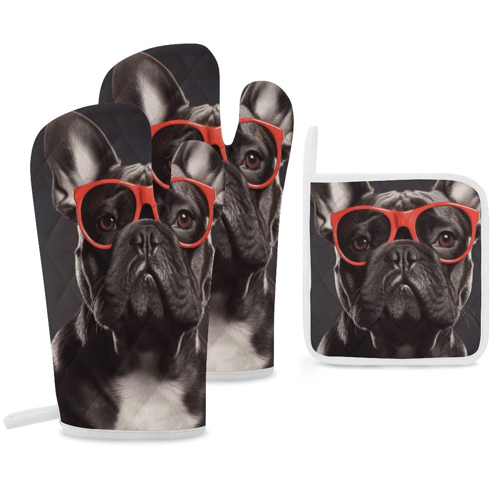 Lot de 4 Gants de Cuisine et maniques en Forme de Bouledogue français avec lanière pour