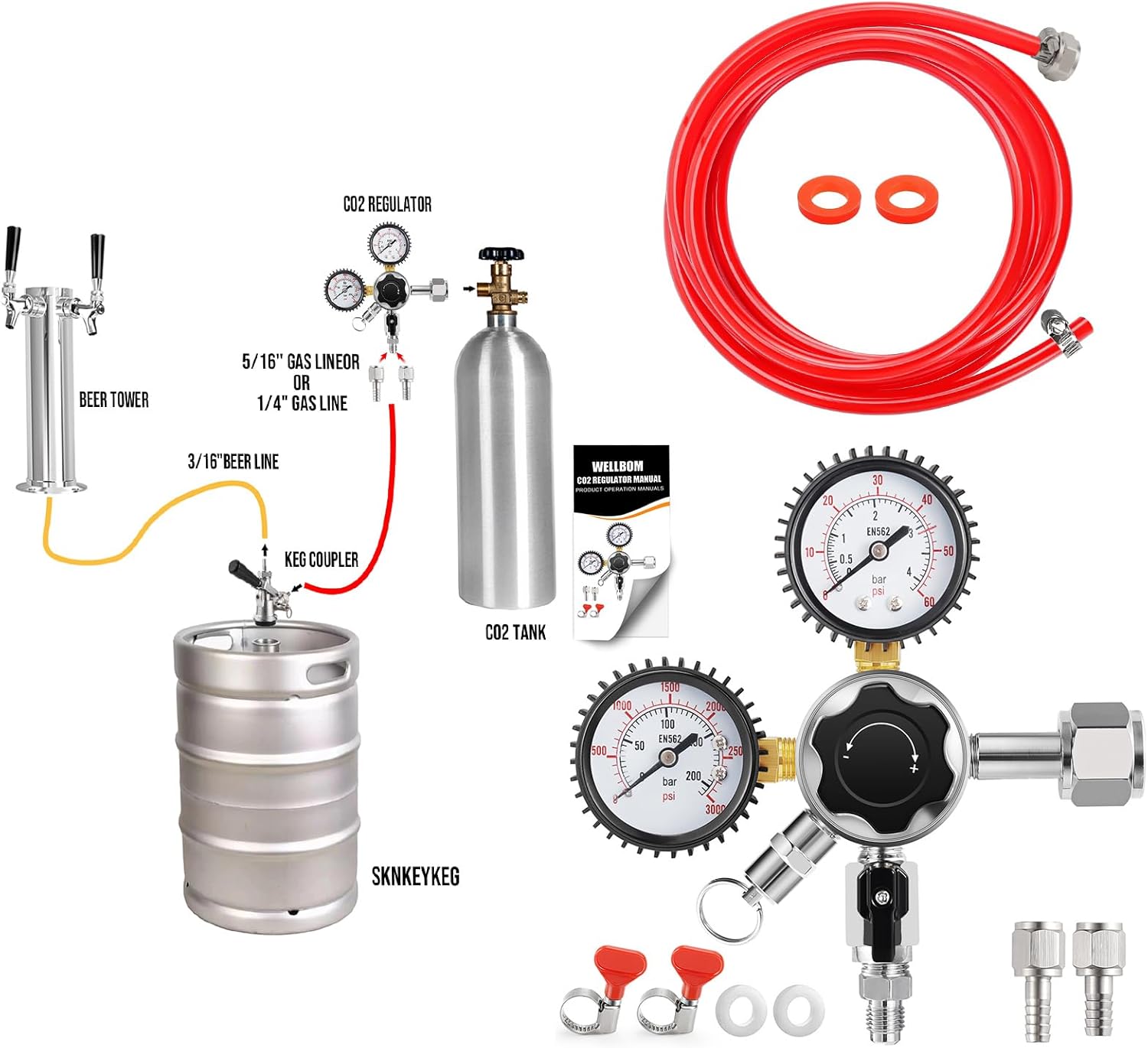 CO2 Regulator Beer Keg Regulator & 10ft Beer CO2 Gas Line ID 5/16" Keg Gas Line with OD 5/16" Barb Fittting