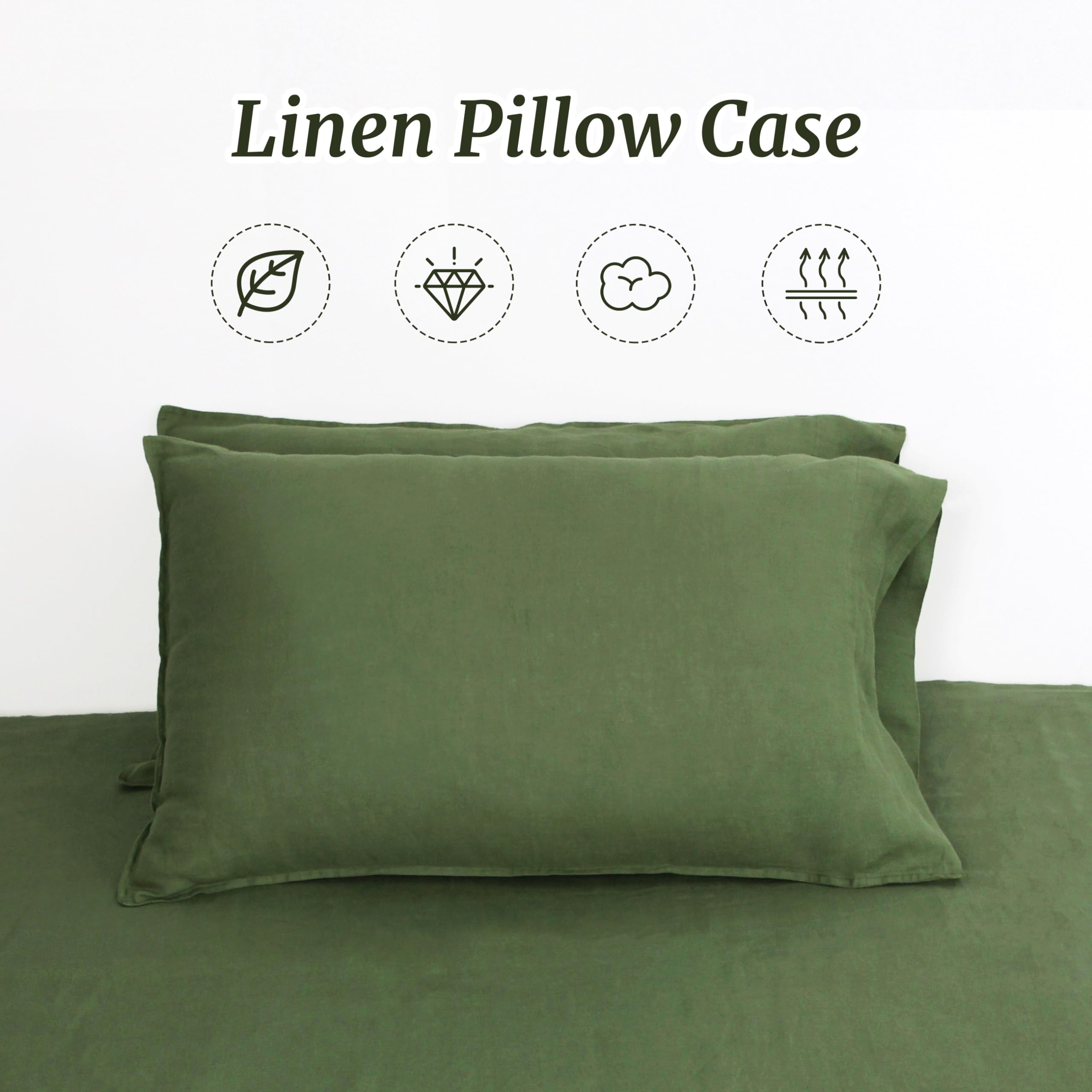 Set di 2 federe in 100% lino francese, dimensioni queen size (50 x 80 cm), tinta unita lavata con pietra, morbida e traspirante (verde oliva, regina)