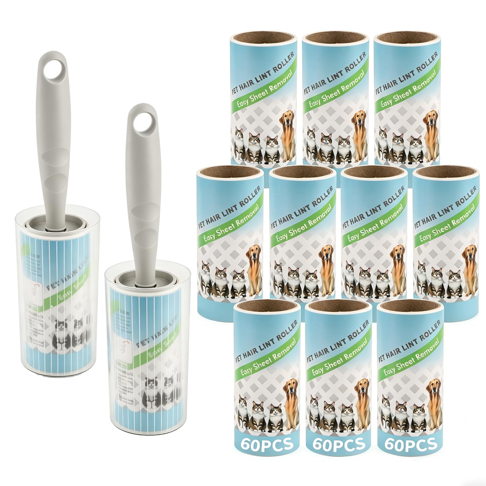 12 Rouleaux Rouleau Poils Animaux,720 Feuilles Brosse Collante, 60 Feuilles/Rouleau,Rouleau adhésif très Collant pour Vêtements, Cheveux, Canapé, Lit, Poils de Chat et Chien (12 Rouleaux + 2 Poignées)