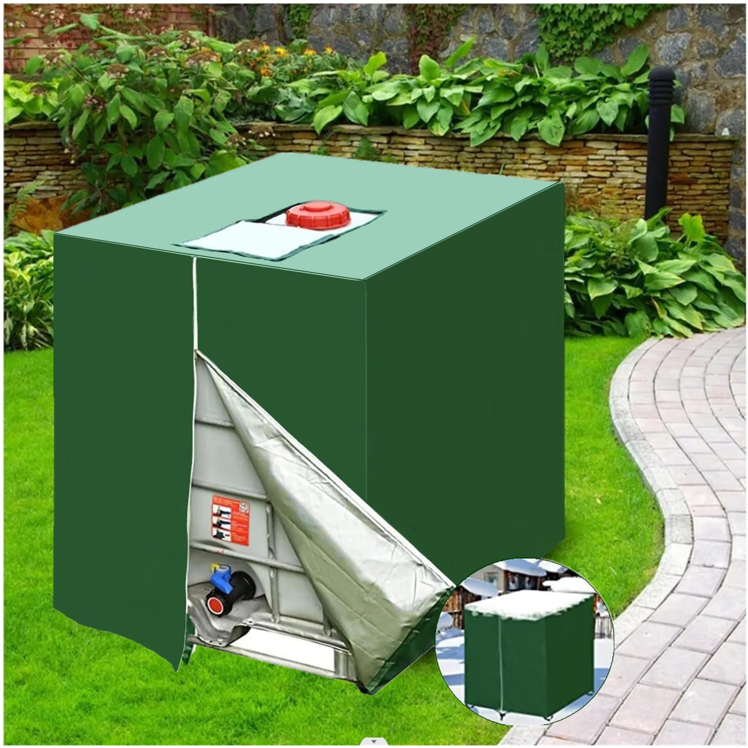 Bache pour Cuve 1000 l, Bâche de Protection Solaire pour réservoir d'eau de Pluie IBC, Anti-poussière Anti-UV, Housse de Protection, bâche de Protection 116 x 100 x 120 cm, Vert