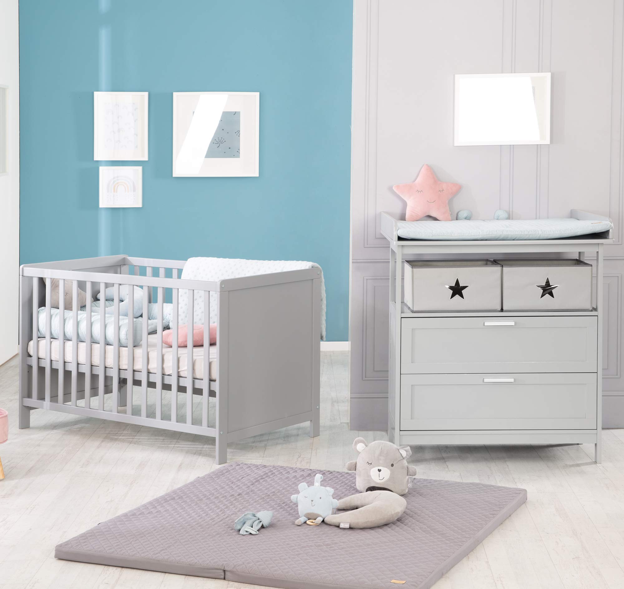 roba Zestaw pokoju dziecięcego 2-częściowy - Komoda z odpinanym blatem do przewijania & 2 szufladami + Łóżeczko dziecięce 60 x 120 cm z funkcją jako łóżko przyściennie - Drewno szare