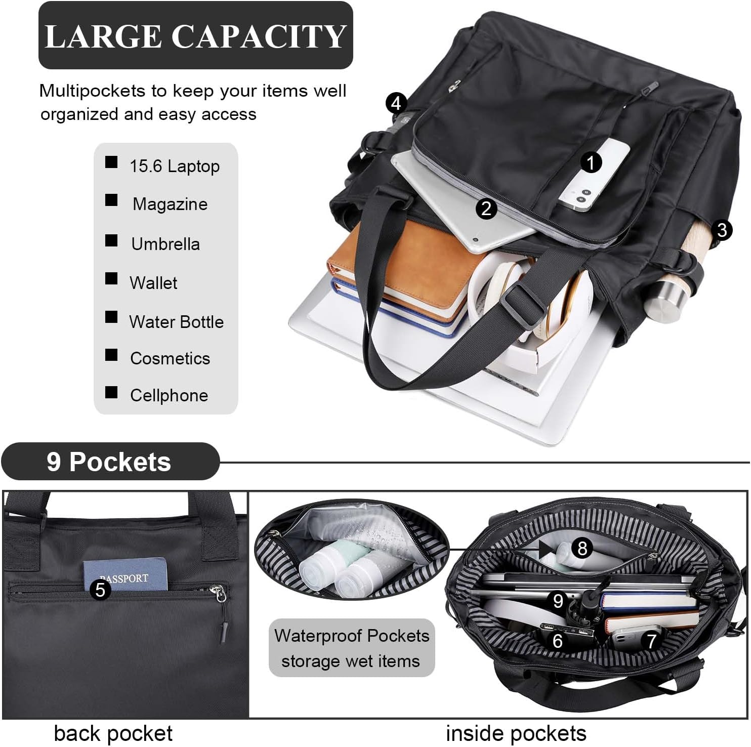 Tote Bag, Waterproof Nylon Shoulder Bags Laptop Work Bag Multi Pockets Teacher Purses and Handbags for Women Men - Image 6