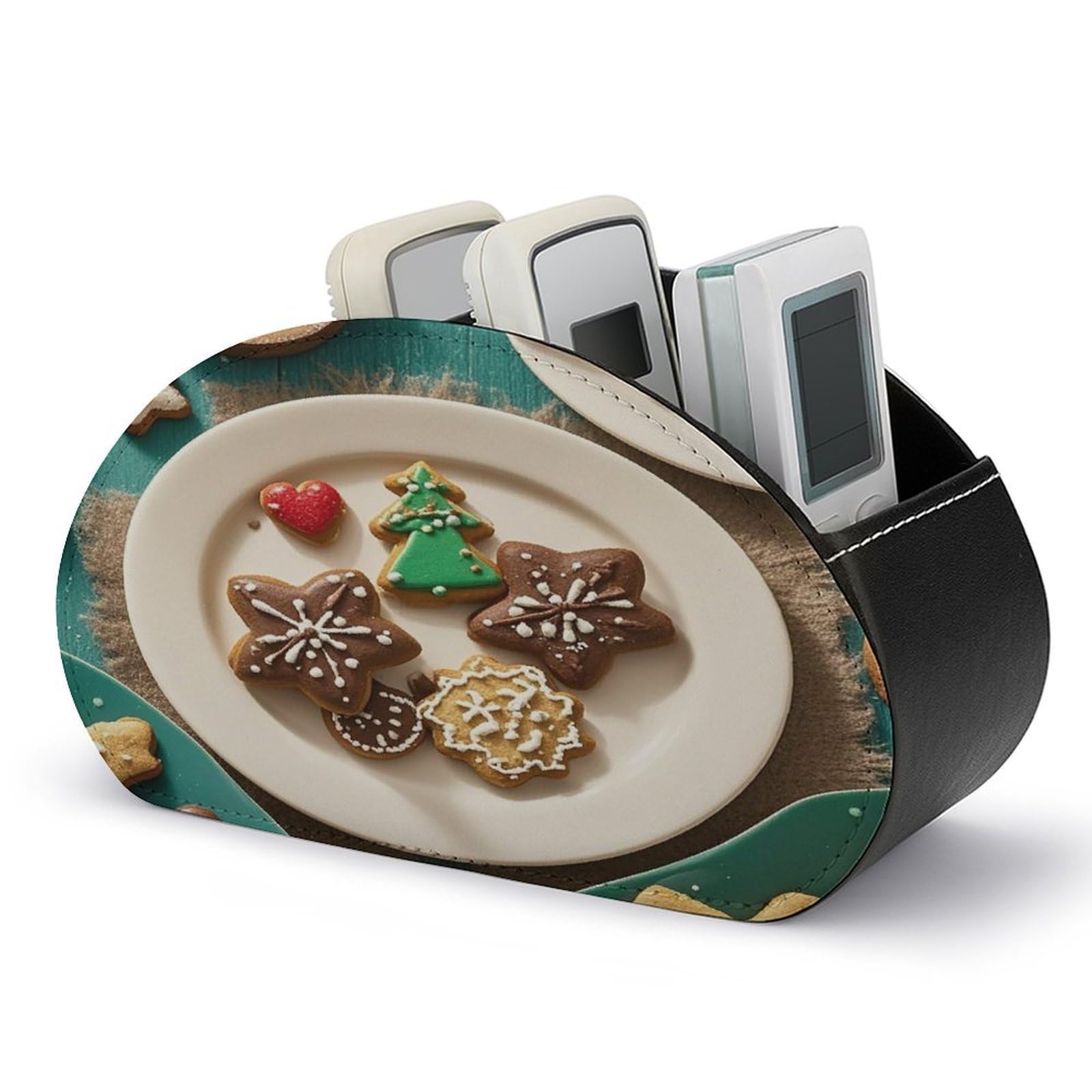 FekiLoot Christmas Cookies Remote Control Holder PU Leather Tabletop Organizer with 5 Compartments Storage Tray & Desktop Organizer for TV Remotes Glasses Pens