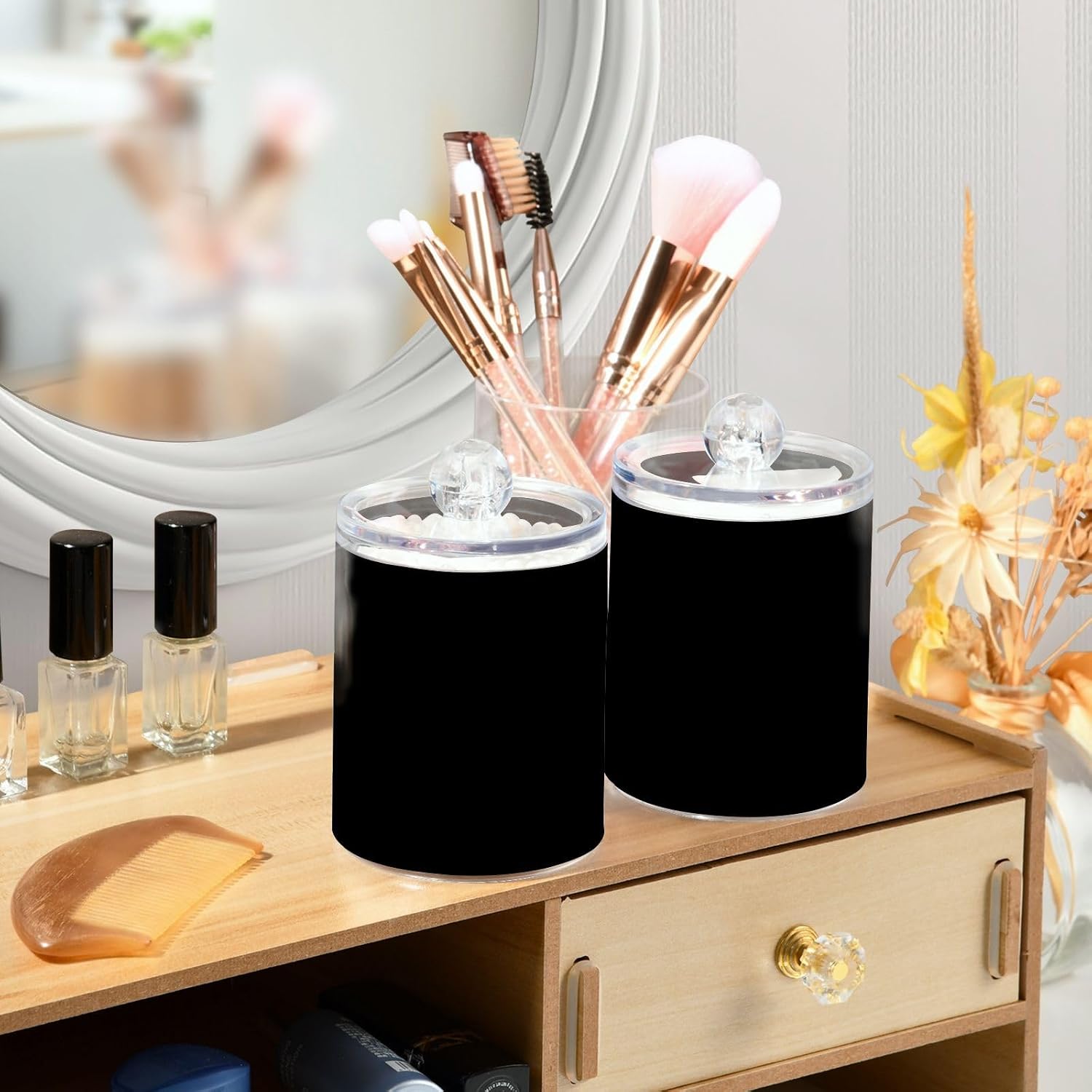 Qilmy Solid Black Qtip Holder 2 Pack, 14 oz Apothecary Jars Bathroom Vanity Organizer Canister for Qtips, Cotton Swabs, Cotton Balls, Cosmetic Pads, Flossers, Bath Salts