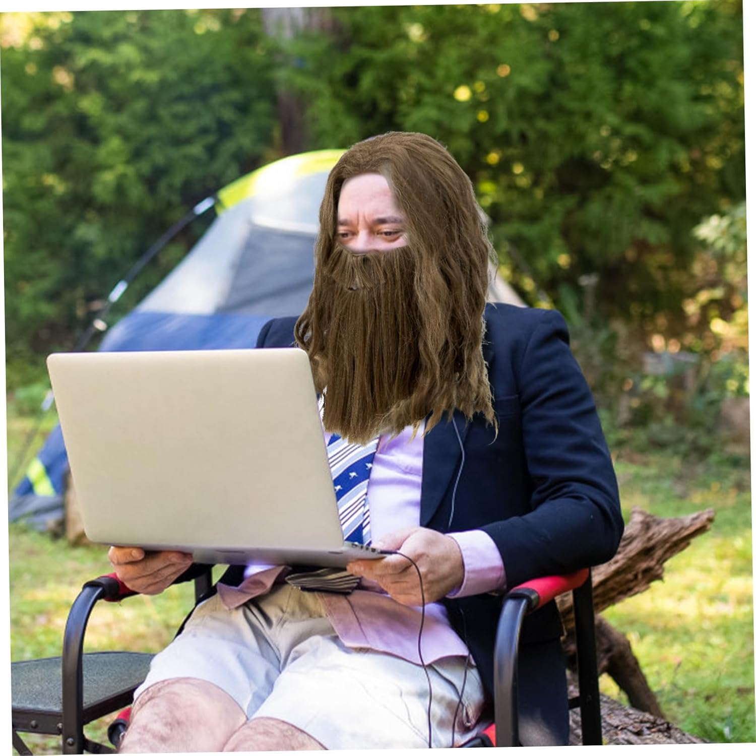Men S Long Curly Brown Wig with Beard Cosplay Costume Party Accessory Realistic Hairpiece for Role Play and Halloween Dress Up