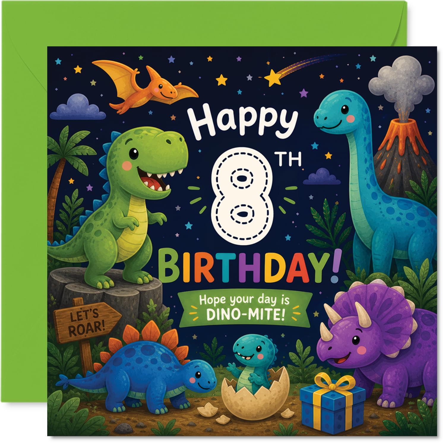 Playful 8th Birthday Card - Roaring Fun for Dino Fans - Colourful Dinosaurs in a Jungle Scene - Guaranteed to Make Their 8th Birthday DINO-MITE - 145mm Square, Envelope Included